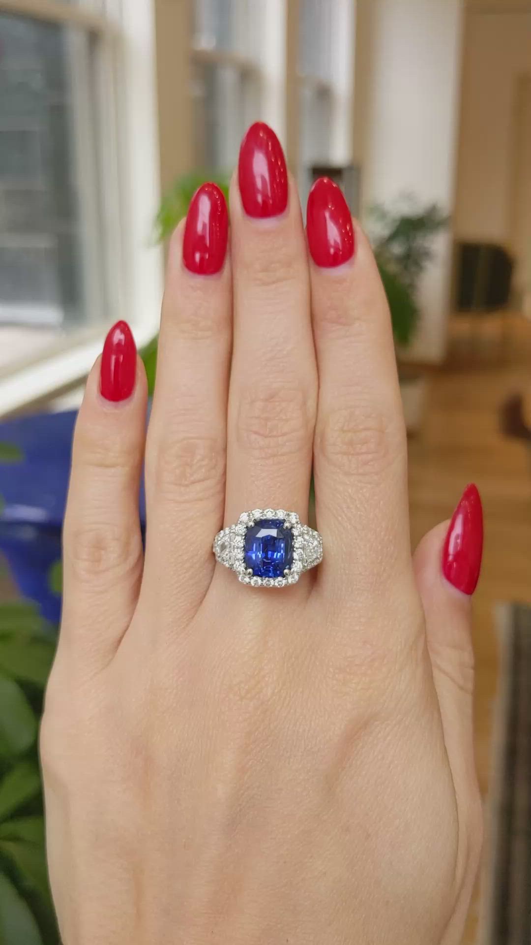 3.67 Ct. Blue Sapphire and Natural Diamond Antique Style Ring, 18K White Gold Size Video