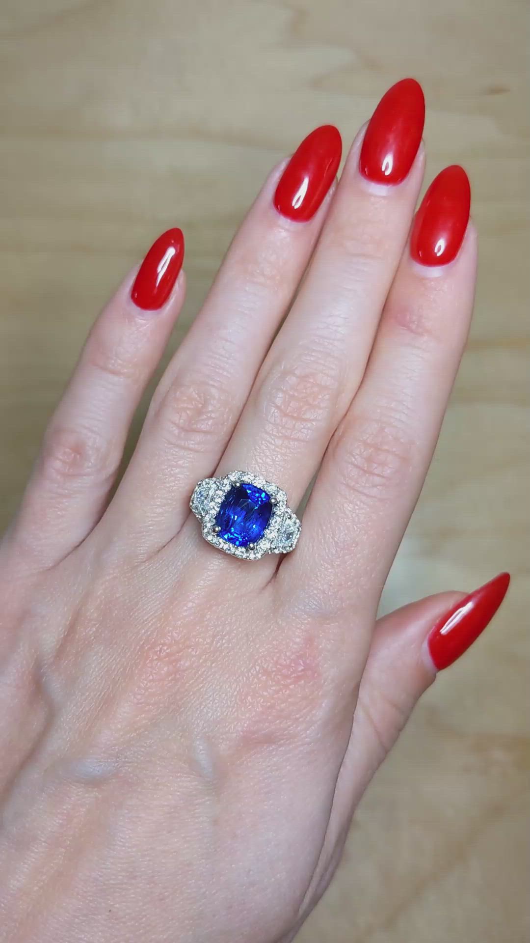 3.67 Ct. Blue Sapphire and Natural Diamond Antique Style Ring, 18K White Gold Size Video