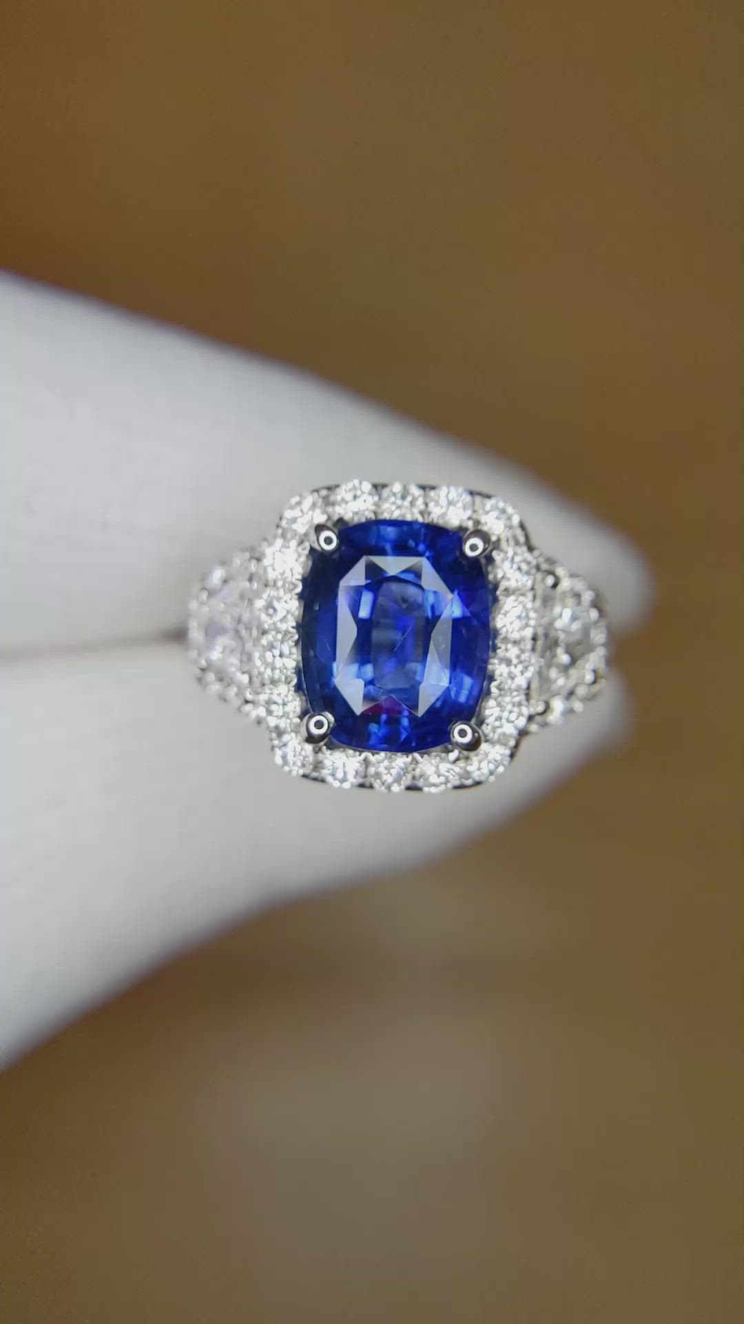 3.67 Ct. Blue Sapphire and Natural Diamond Antique Style Ring, 18K White Gold Size Video