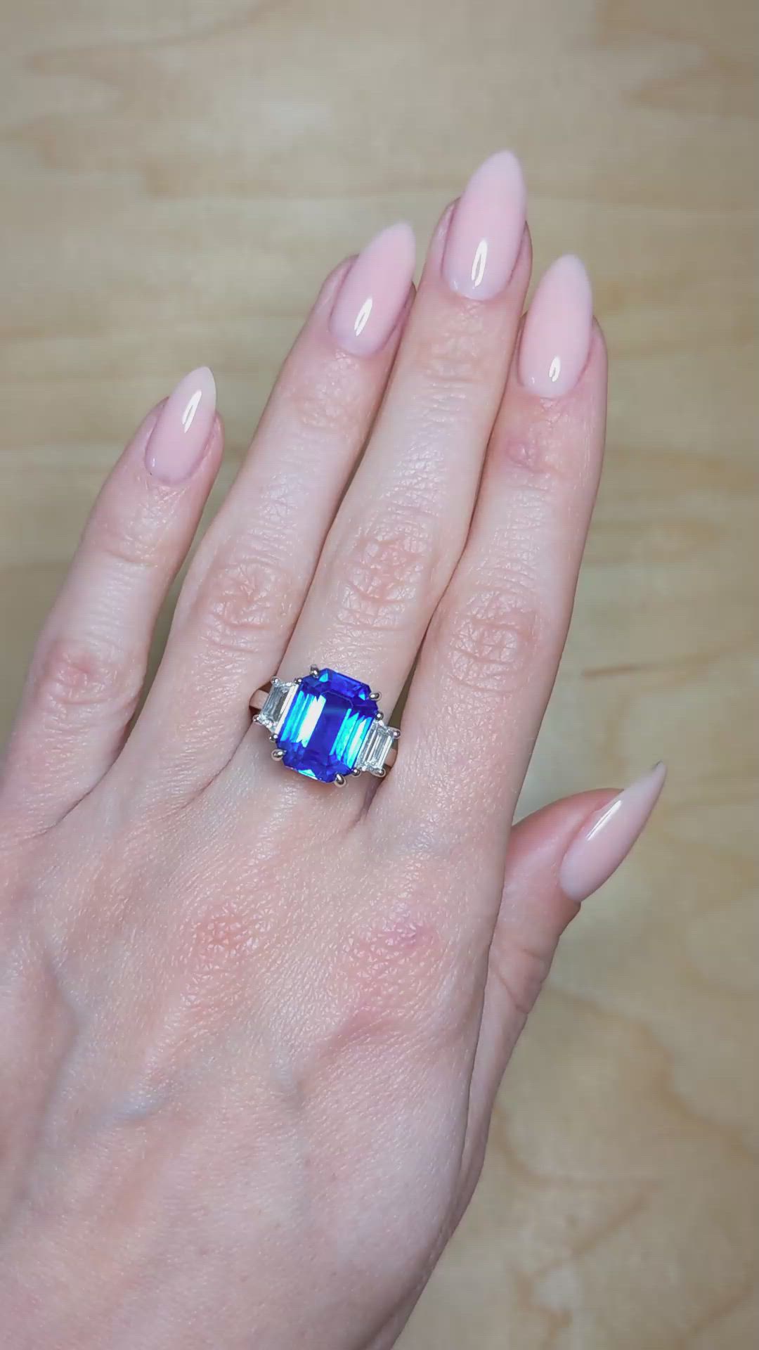 7.96 Ct. Blue Sapphire and Natural Diamond Three Stone Ring, Platinum 950 Size Video