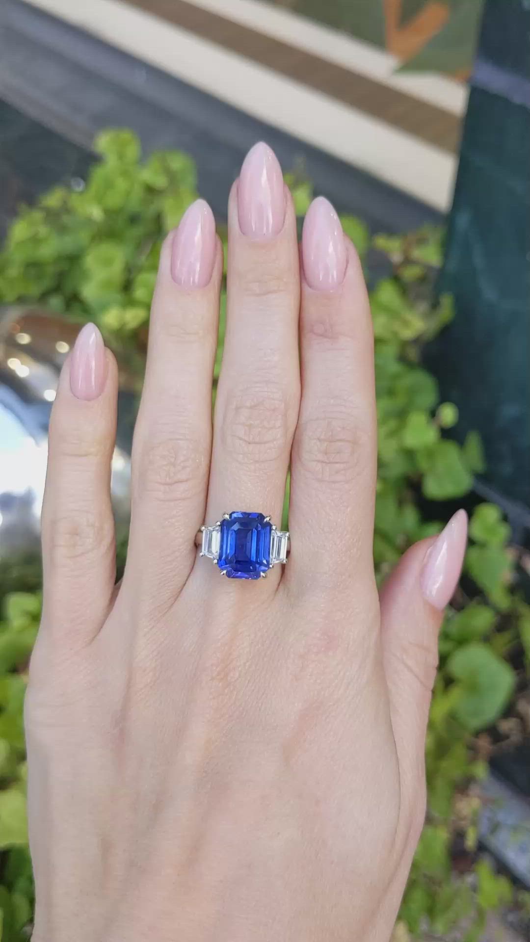 7.96 Ct. Blue Sapphire and Natural Diamond Three Stone Ring, Platinum 950 Size Video