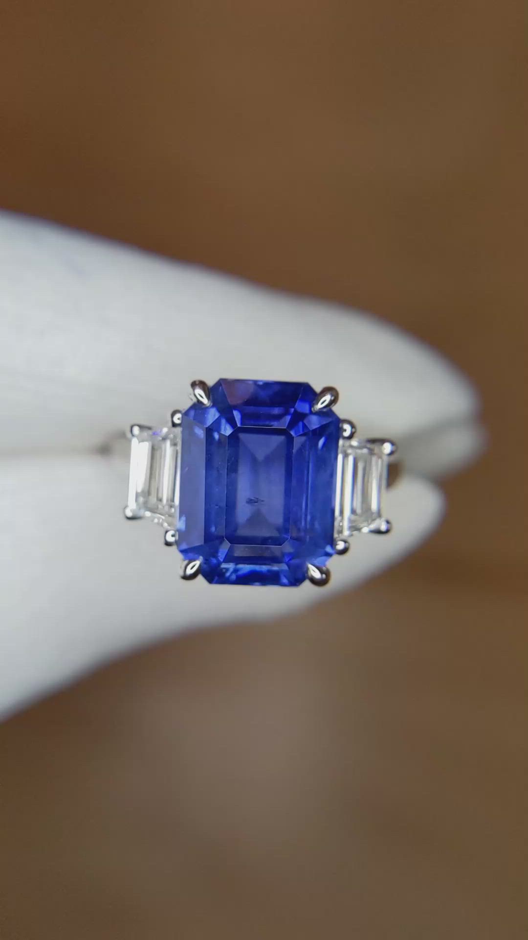 7.96 Ct. Blue Sapphire and Natural Diamond Three Stone Ring, Platinum 950 Size Video