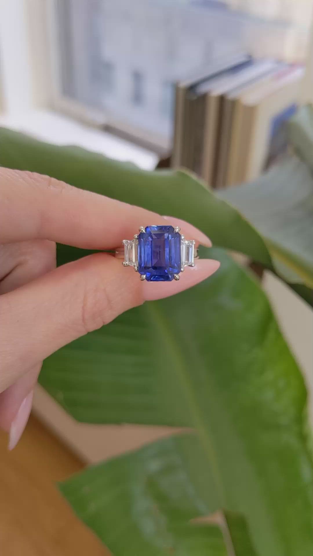 7.96 Ct. Blue Sapphire and Natural Diamond Three Stone Ring, Platinum 950 Size Video