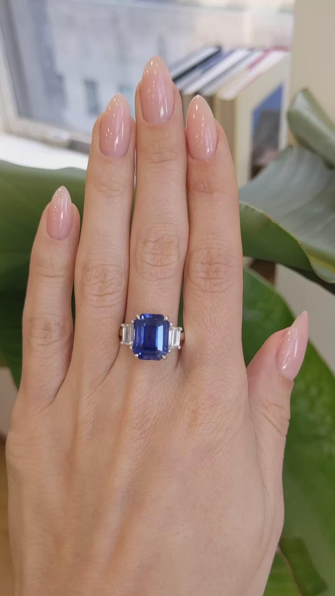 7.96 Ct. Blue Sapphire and Natural Diamond Three Stone Ring, Platinum 950 Size Video
