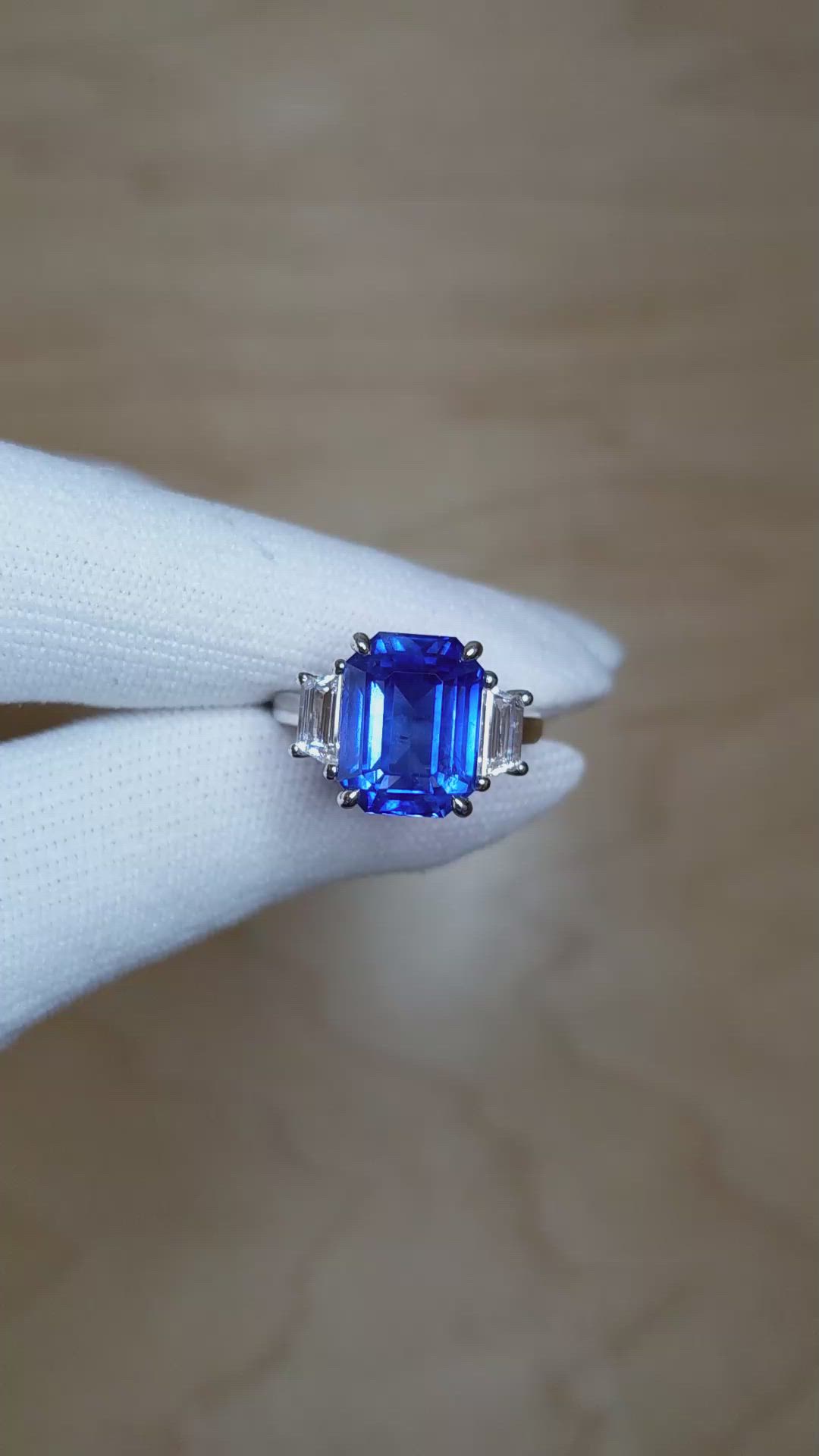 7.96 Ct. Blue Sapphire and Natural Diamond Three Stone Ring, Platinum 950 Size Video