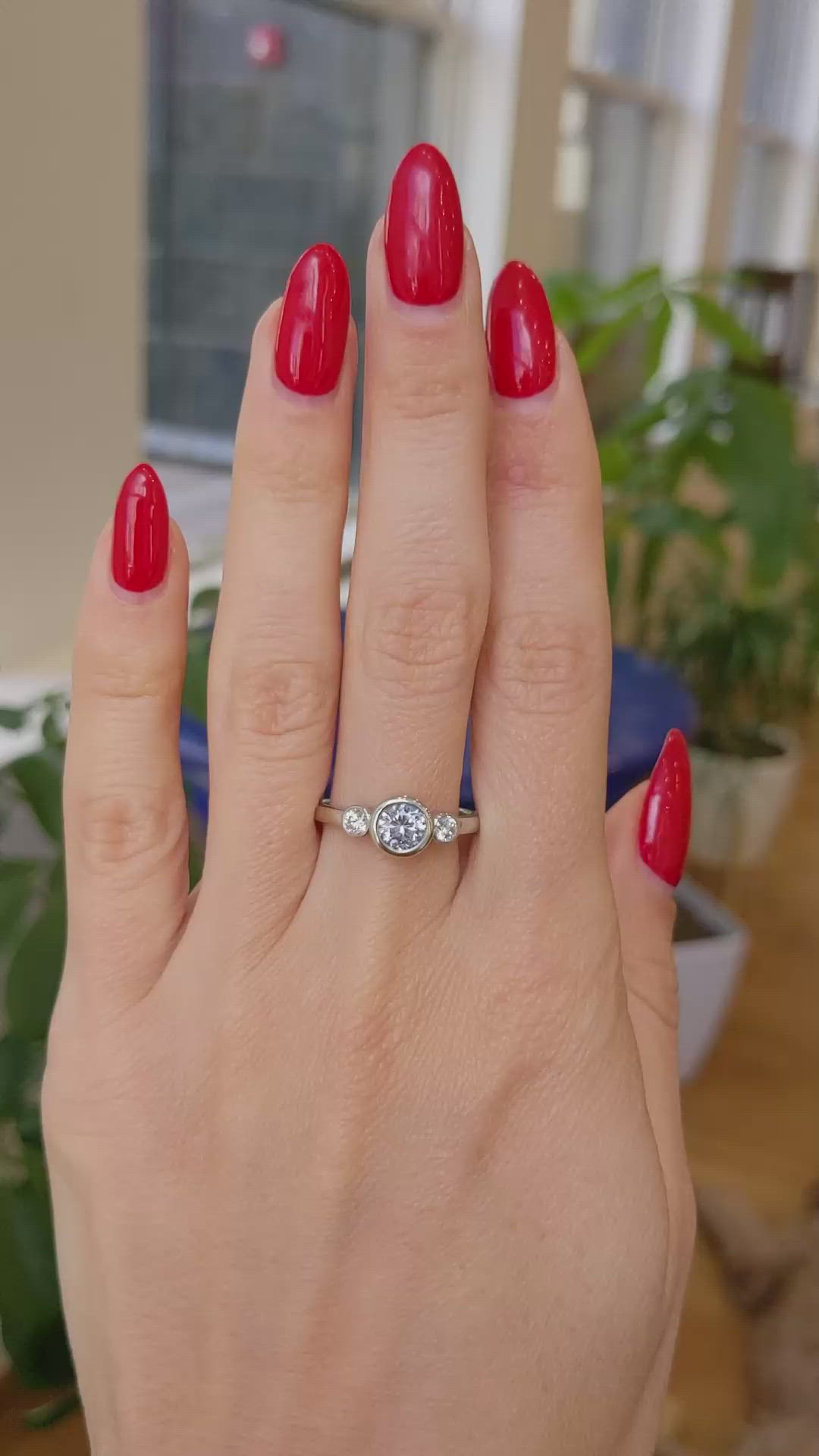 0.80 Ct. Bluish Grey Sapphire Three Stone Ring, Platinum 950 Size Video