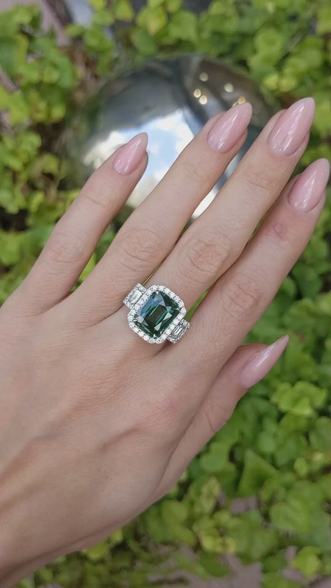 5.39 Ct. Green Sapphire and Natural Diamond Pave Ring, 18K White Gold Size Video