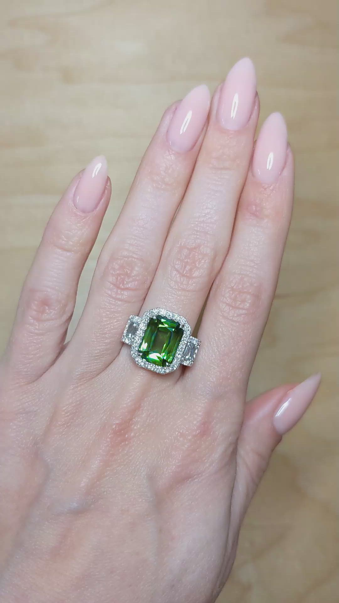 5.39 Ct. Green Sapphire and Natural Diamond Pave Ring, 18K White Gold Size Video