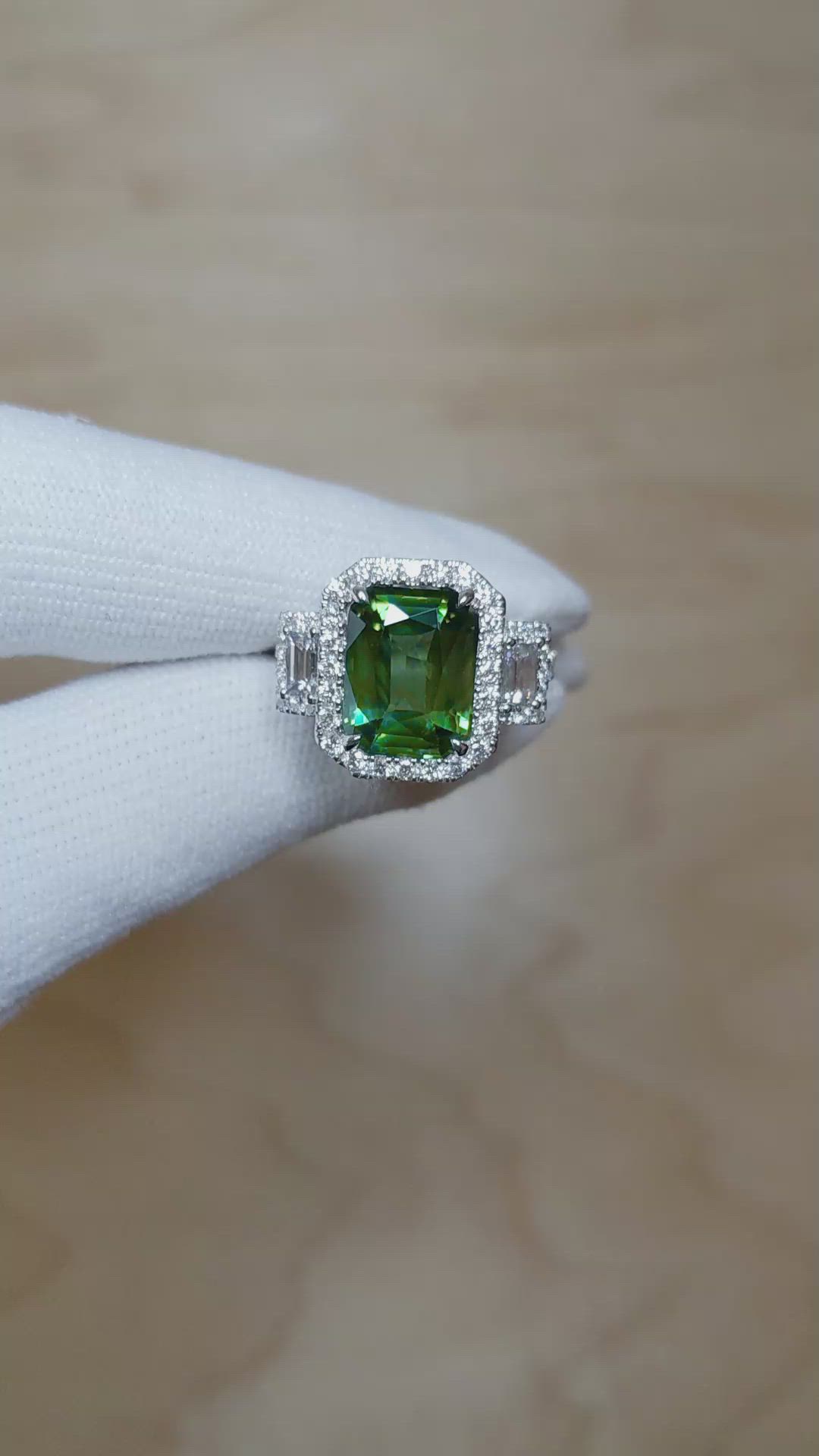 5.39 Ct. Green Sapphire and Natural Diamond Pave Ring, 18K White Gold Size Video