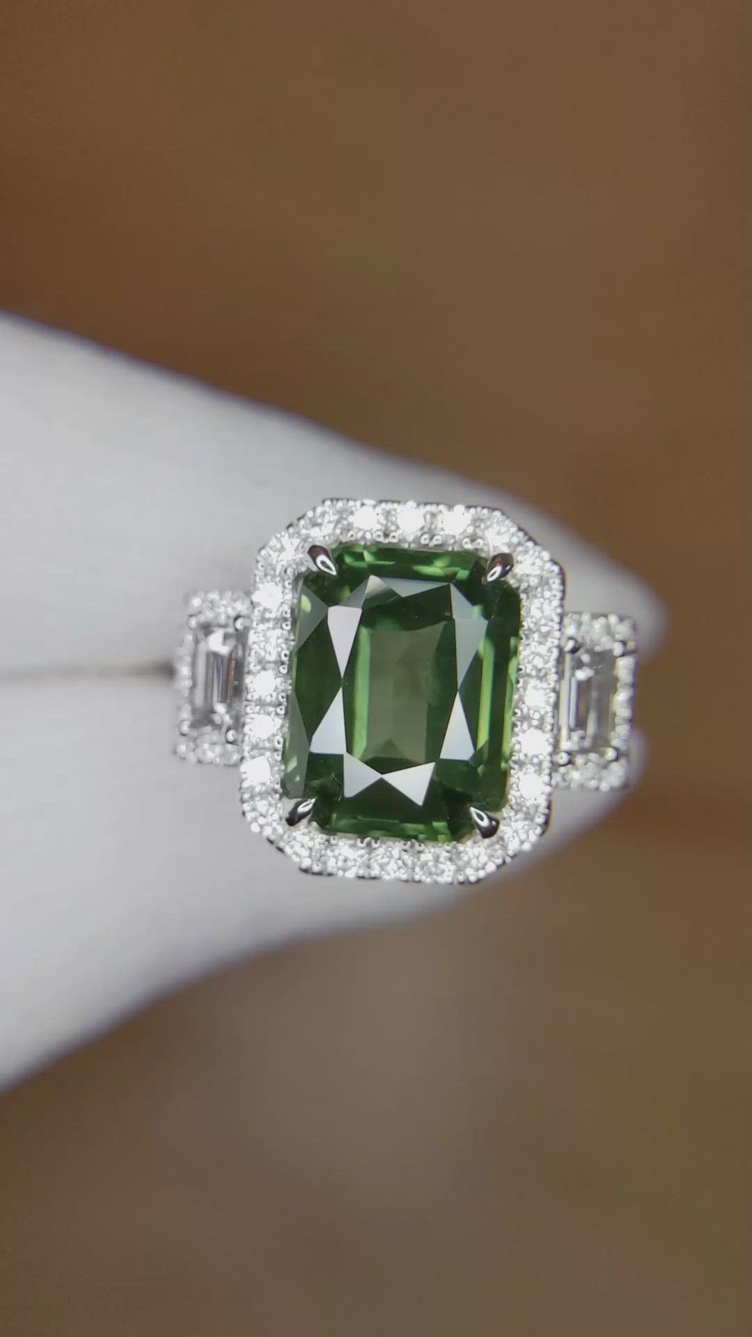 5.39 Ct. Green Sapphire and Natural Diamond Pave Ring, 18K White Gold Size Video