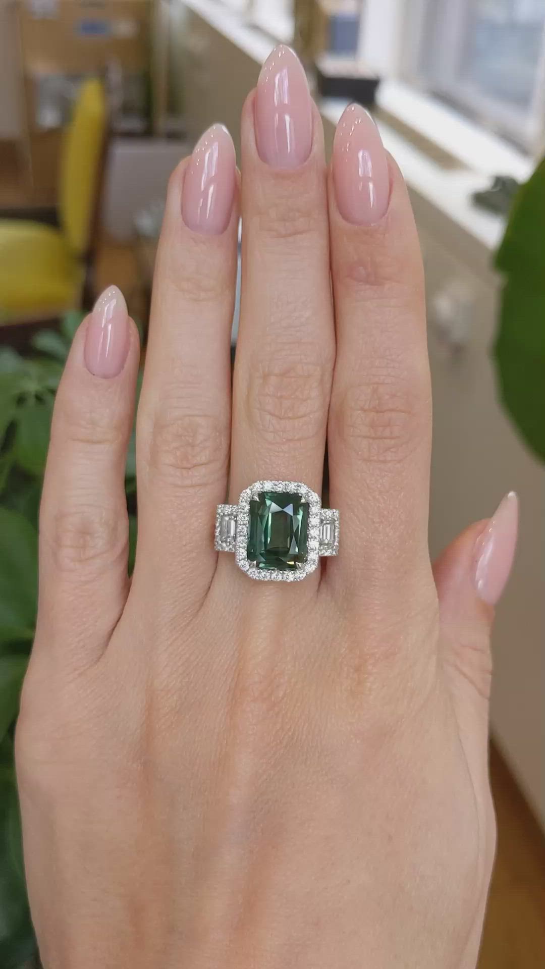 5.39 Ct. Green Sapphire and Natural Diamond Pave Ring, 18K White Gold Size Video