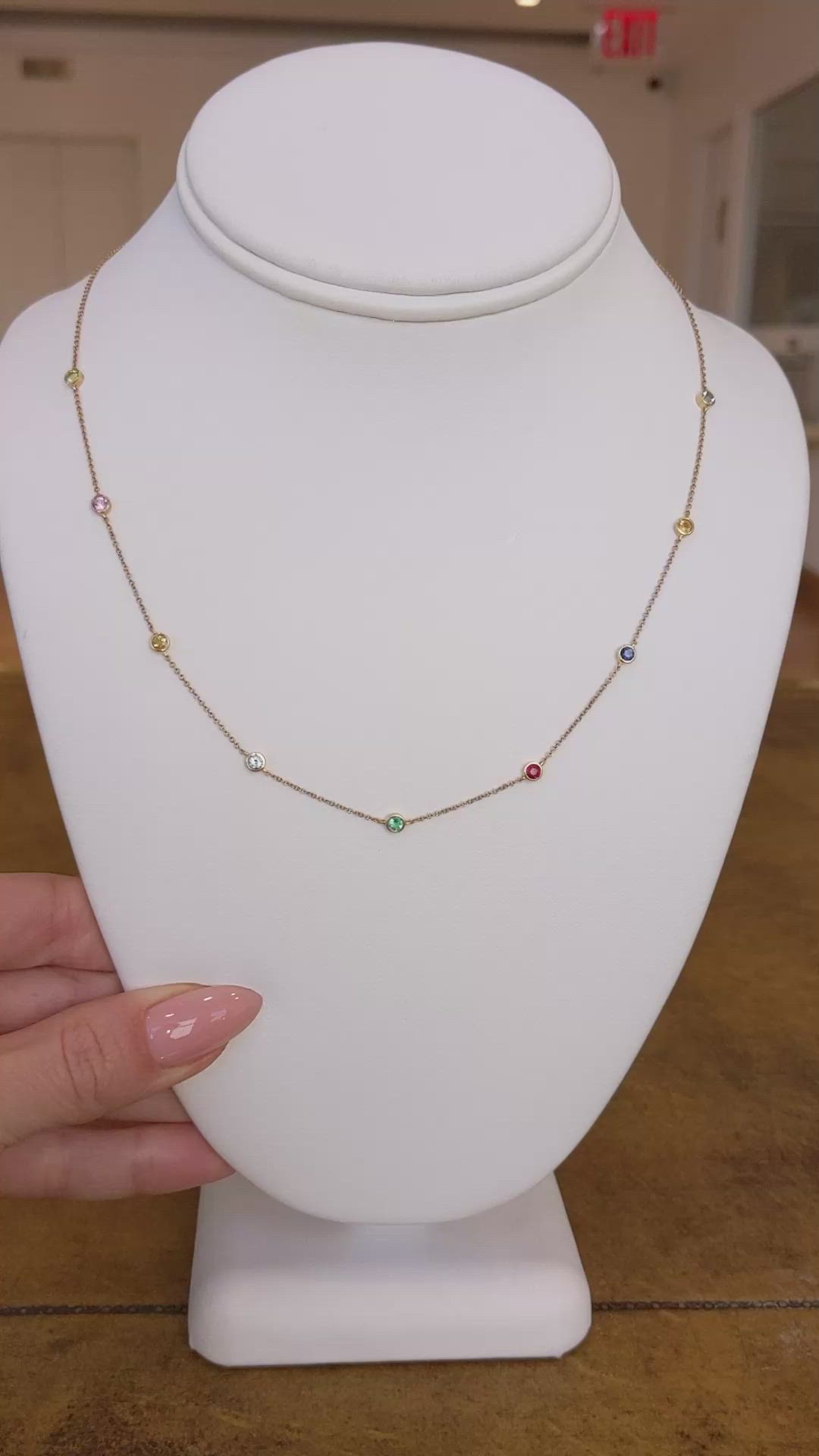 0.49 Ct.Tw.Total Carat Weight Aquamarine, Citrine, Emerald, Ruby, Sapphire and Peridot Bezel Necklace, 14K Yellow Gold Size Video