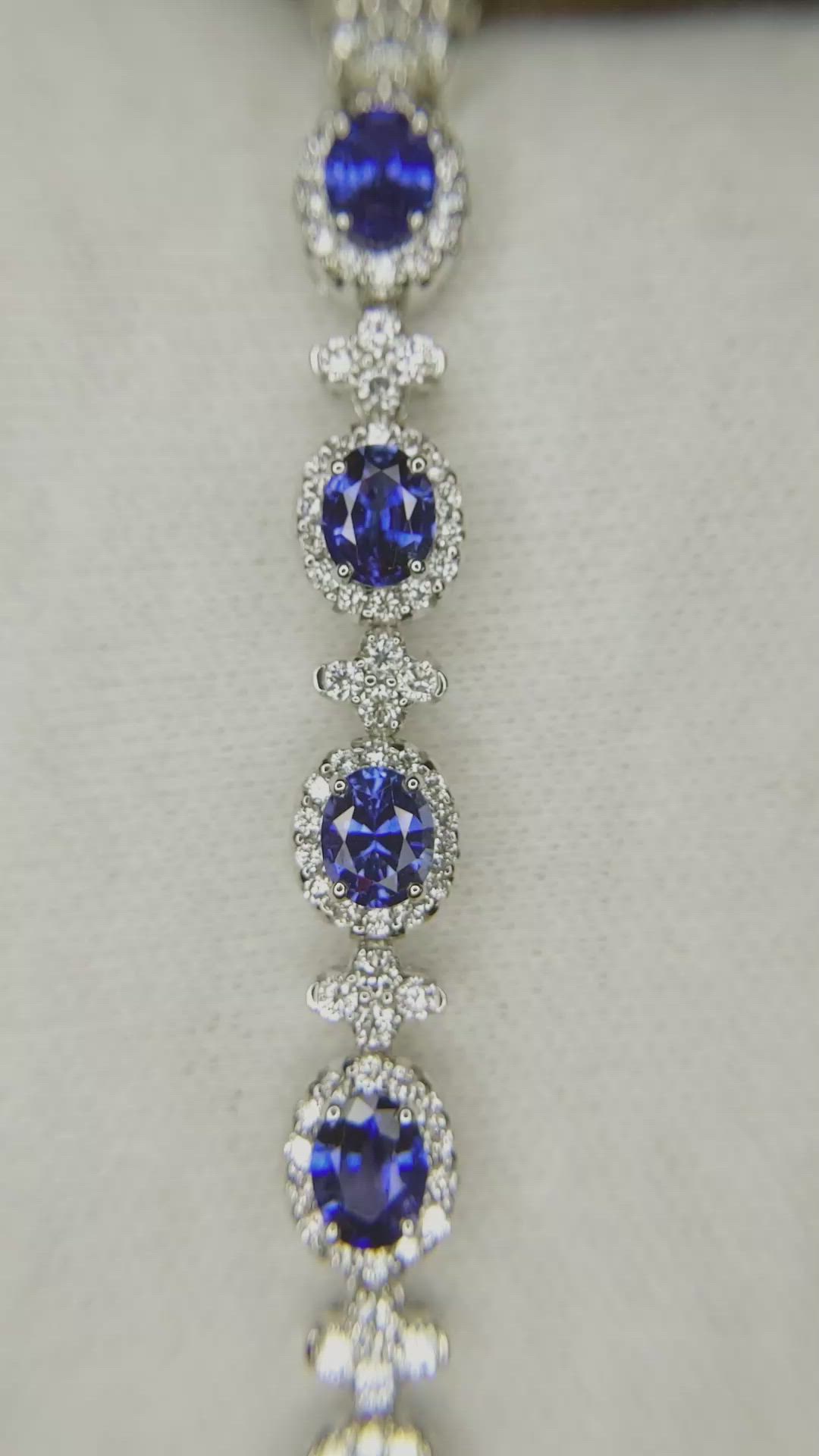 5.16 Ct.Tw. Blue Sapphire and Natural Diamond Pave Bracelet, 18K White Gold Size Video