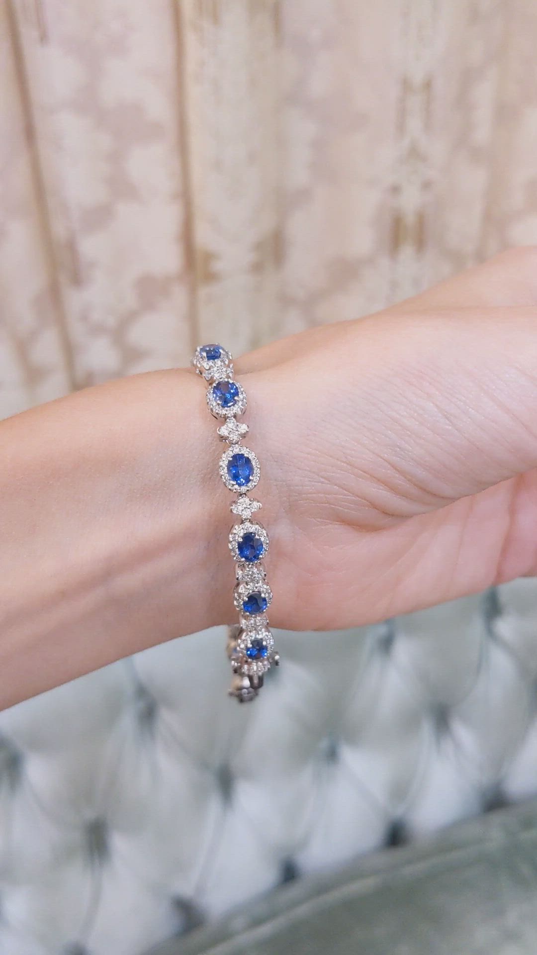 5.16 Ct.Tw. Blue Sapphire and Natural Diamond Pave Bracelet, 18K White Gold Size Video