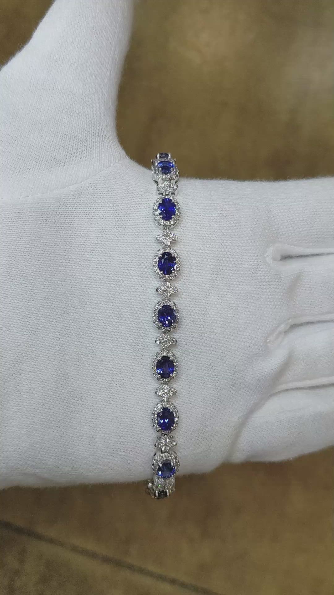 5.16 Ct.Tw. Blue Sapphire and Natural Diamond Pave Bracelet, 18K White Gold Size Video