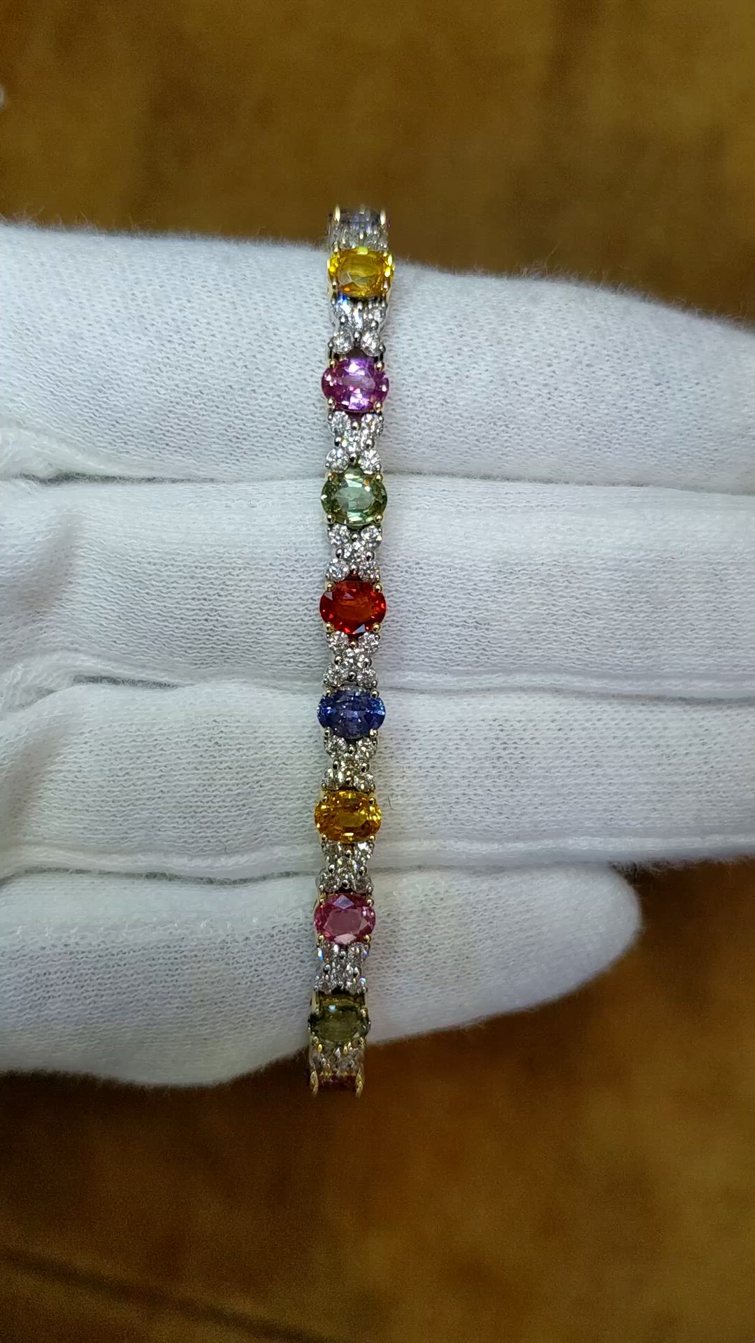 9.13 Ct.Tw. Multi Color Sapphire and Natural Diamond Pave Bracelet, 18K White & Yellow Size Video