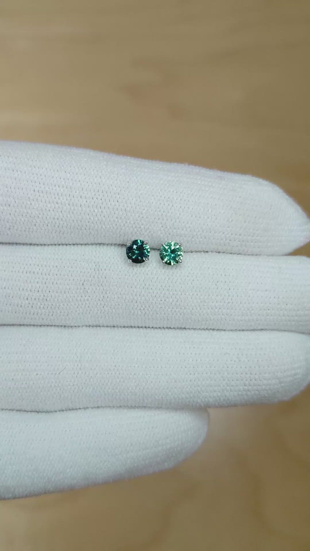 0.55 Ct.Tw. Bluish Green Sapphire Studs Earrings, 14K White Gold Size Video