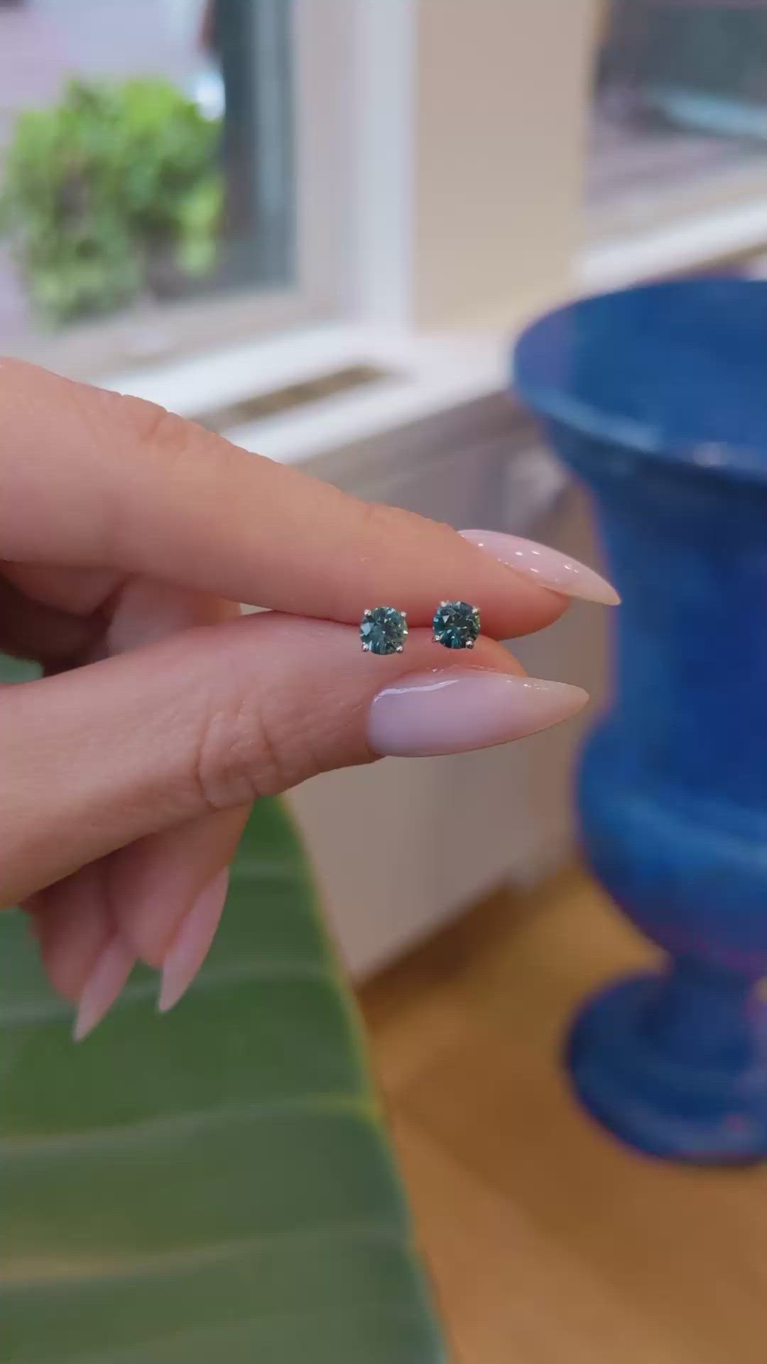 0.55 Ct.Tw. Bluish Green Sapphire Studs Earrings, 14K White Gold Size Video