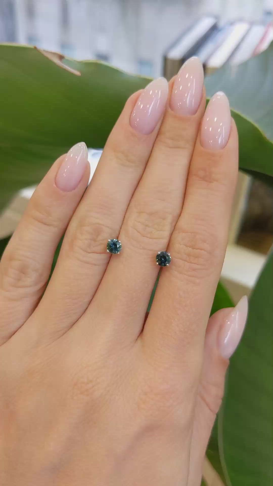 0.55 Ct.Tw. Bluish Green Sapphire Studs Earrings, 14K White Gold Size Video