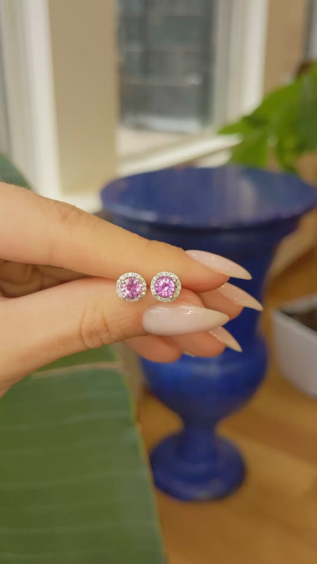 1.10 Ct.Tw. Pink Sapphire and Natural Diamond Halo Earrings, 18K White Gold Size Video