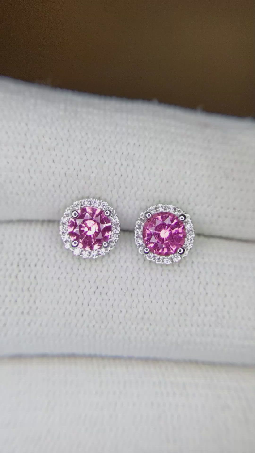 1.10 Ct.Tw. Pink Sapphire and Natural Diamond Halo Earrings, 18K White Gold Size Video