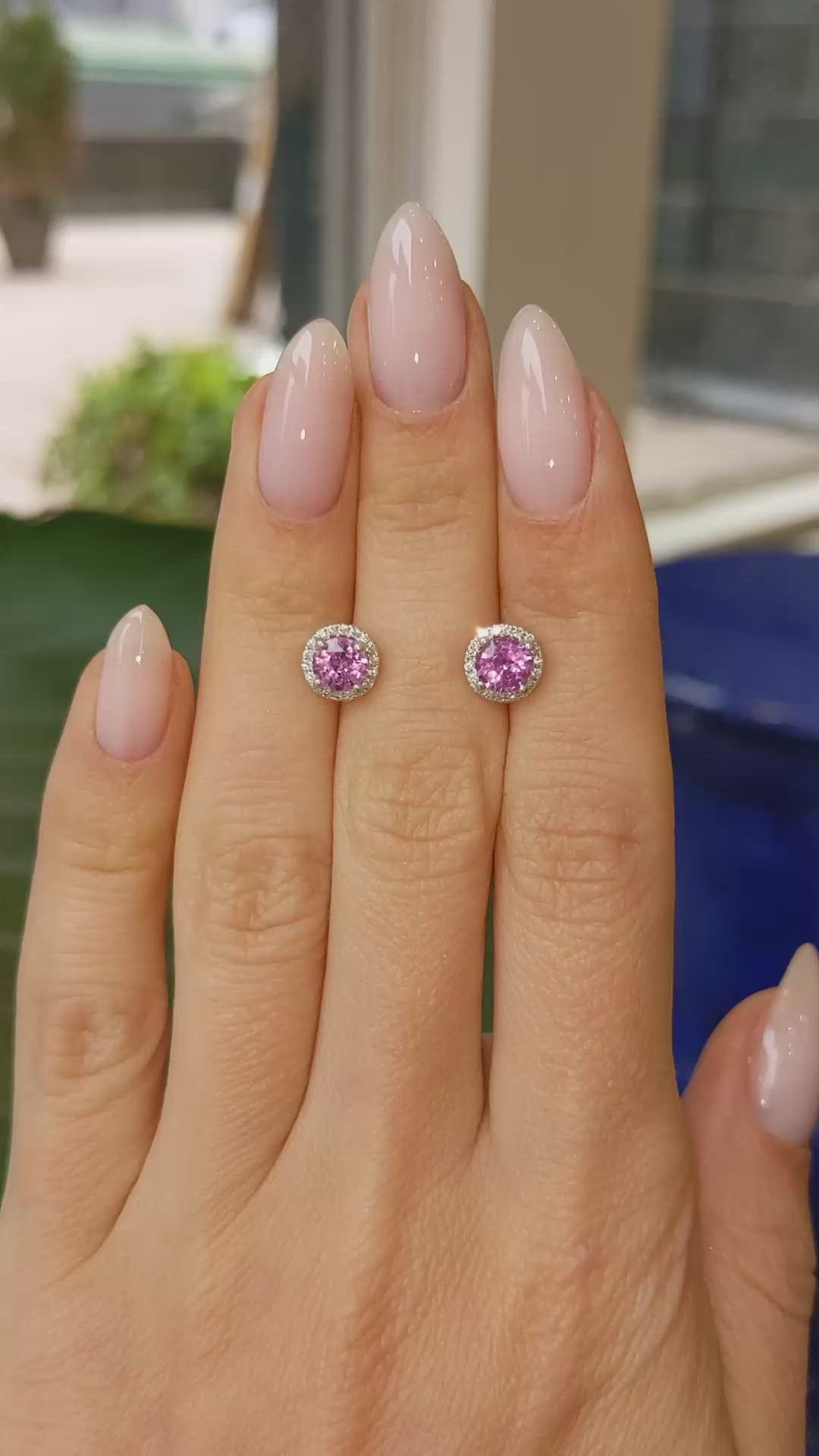 1.10 Ct.Tw. Pink Sapphire and Natural Diamond Halo Earrings, 18K White Gold Size Video