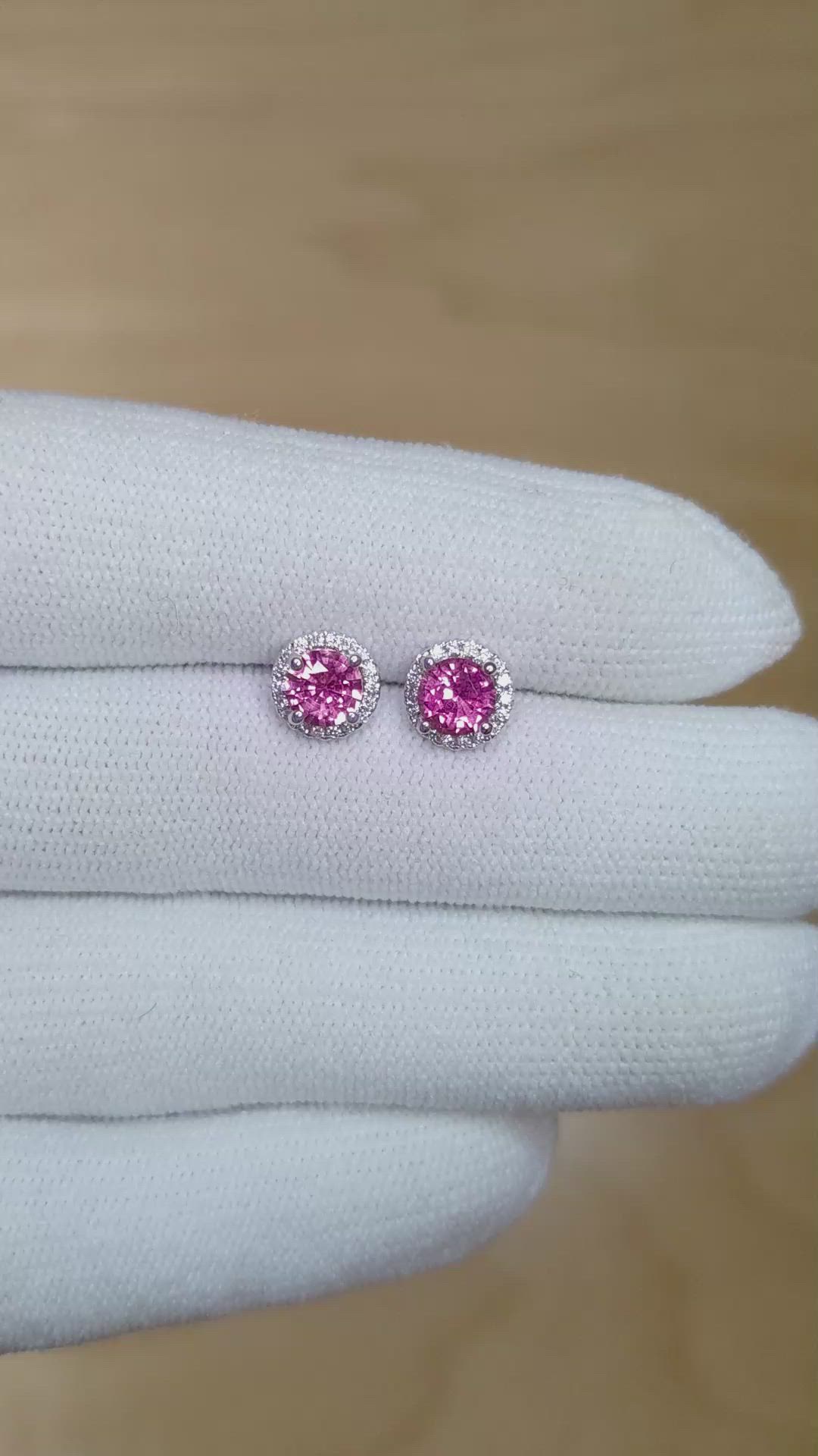1.10 Ct.Tw. Pink Sapphire and Natural Diamond Halo Earrings, 18K White Gold Size Video