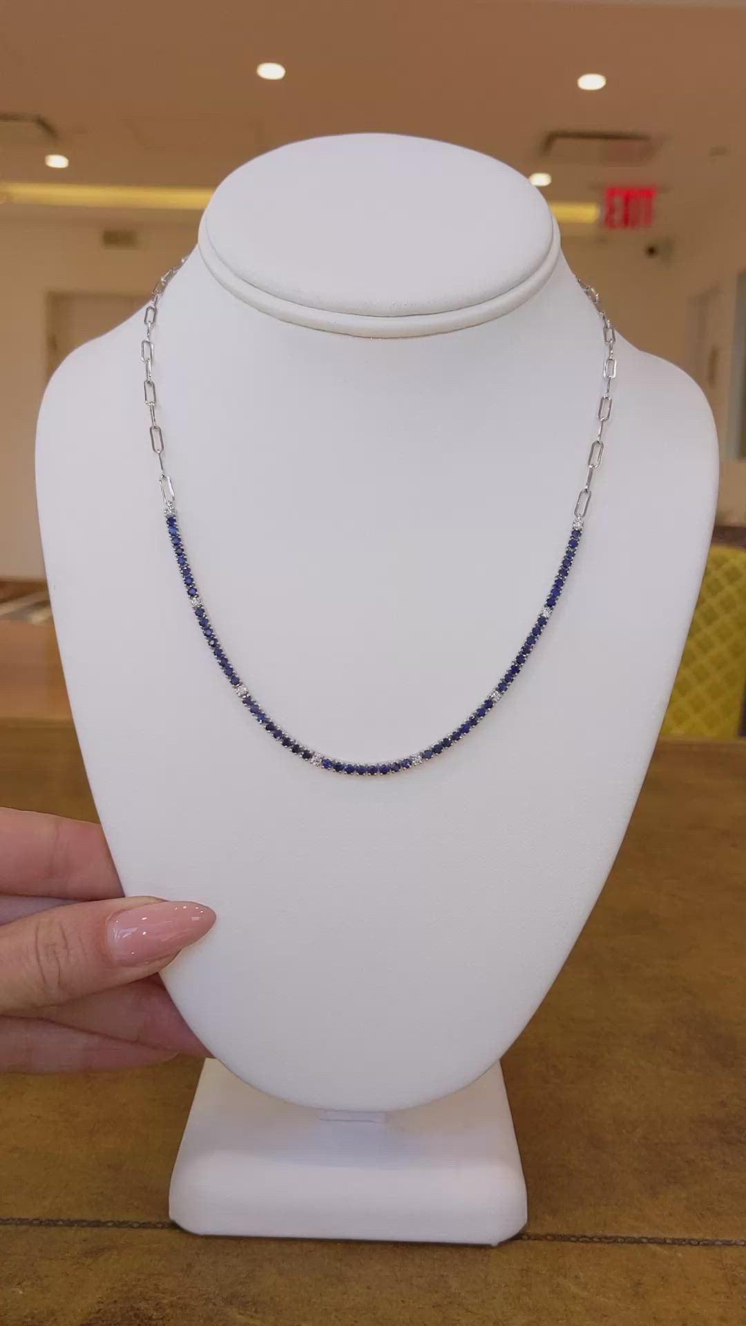 2.63 Ct. Blue Sapphire and Natural Diamond Pave Necklace, 14K White Gold Size Video