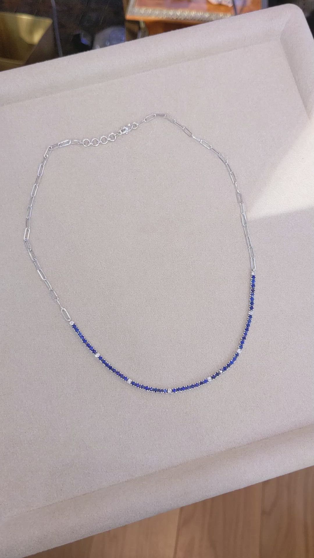 2.63 Ct. Blue Sapphire and Natural Diamond Pave Necklace, 14K White Gold Size Video