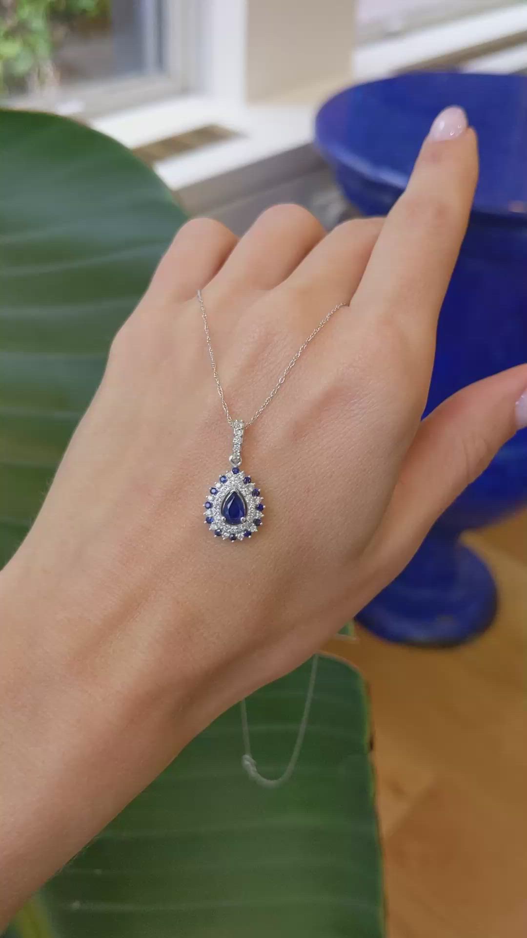 0.52 Ct. Blue Sapphire and Natural Diamond Pave Pendant, 14K White Gold Size Video