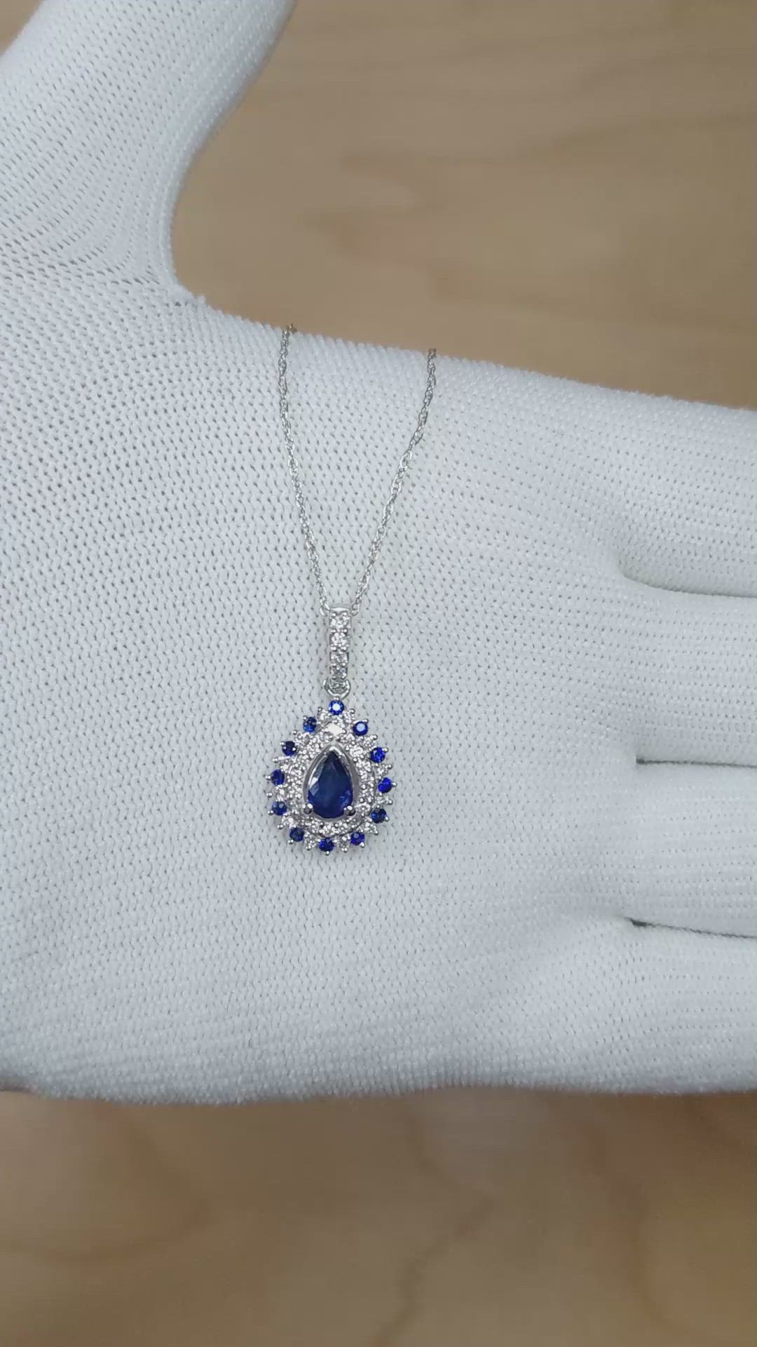 0.52 Ct. Blue Sapphire and Natural Diamond Pave Pendant, 14K White Gold Size Video