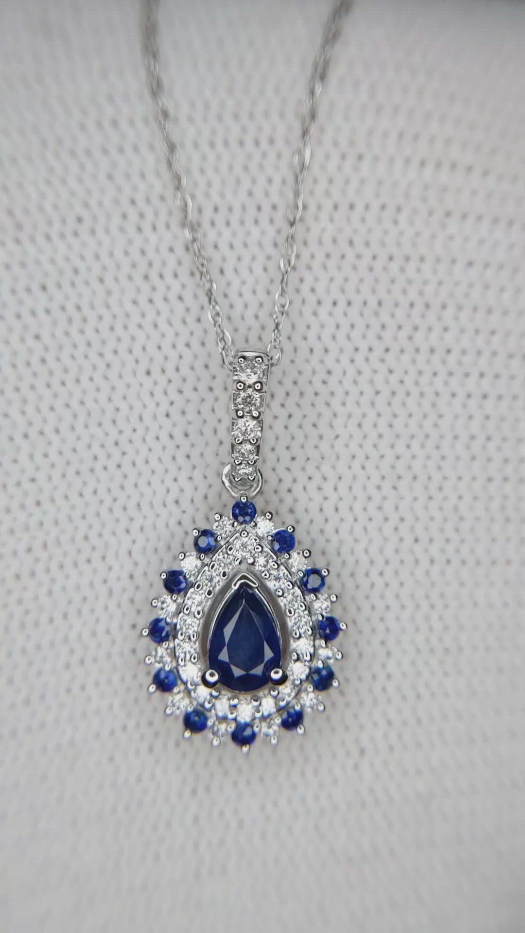 0.52 Ct. Blue Sapphire and Natural Diamond Pave Pendant, 14K White Gold Size Video