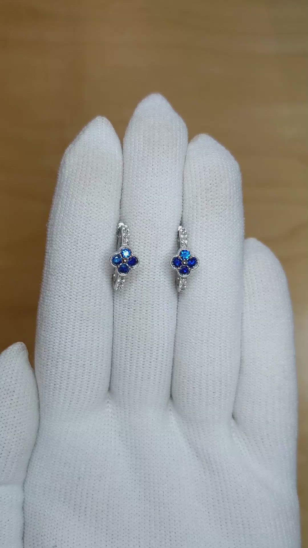 0.40 Ct.Tw. Blue Sapphire and Natural Diamond Pave Earrings, 14K White Gold Size Video