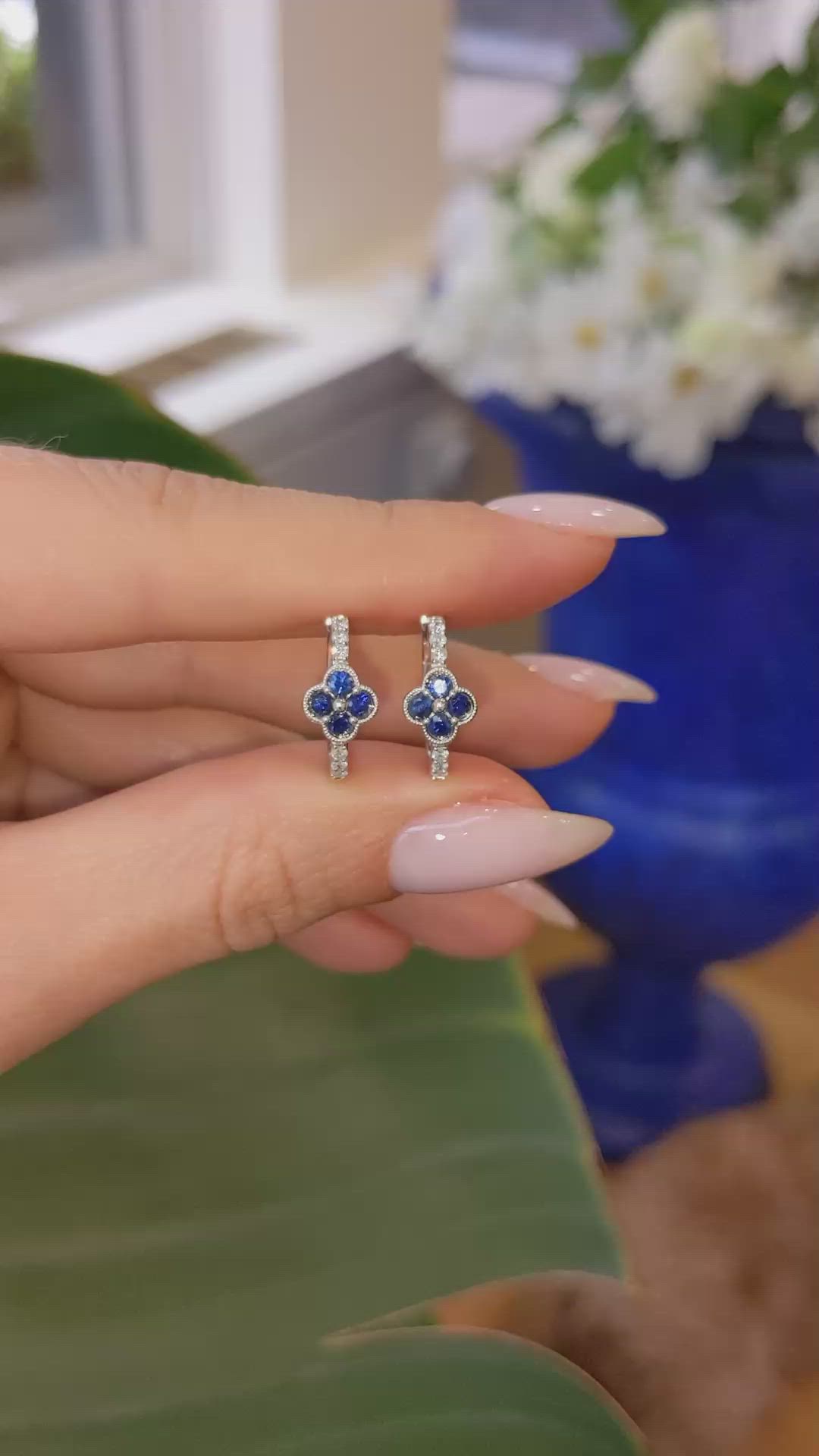 0.40 Ct.Tw. Blue Sapphire and Natural Diamond Pave Earrings, 14K White Gold Size Video