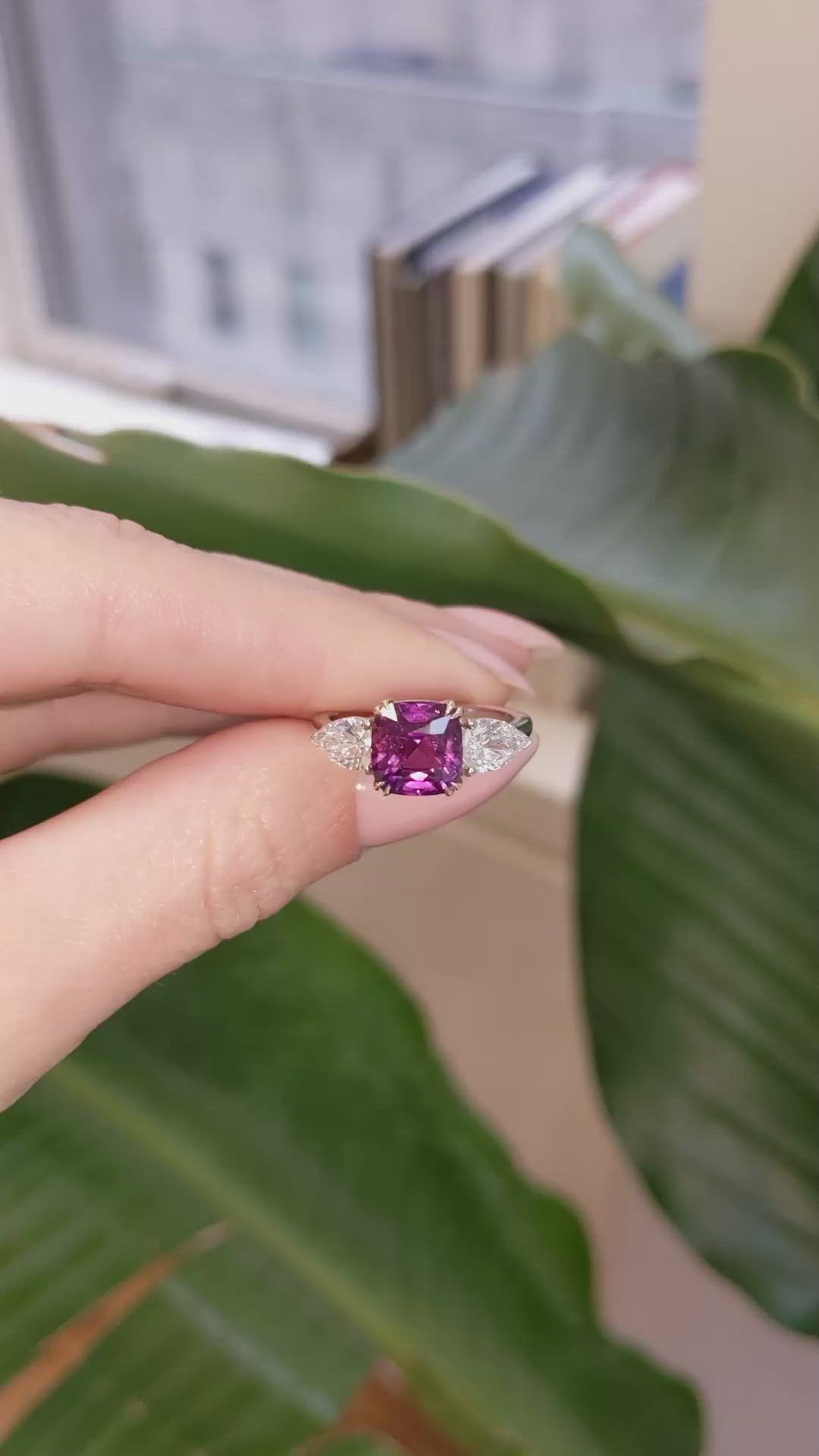 3.07 Ct. Reddish Pink Sapphire and Natural Diamond Three Stone Ring, 14K Yellow & White Size Video