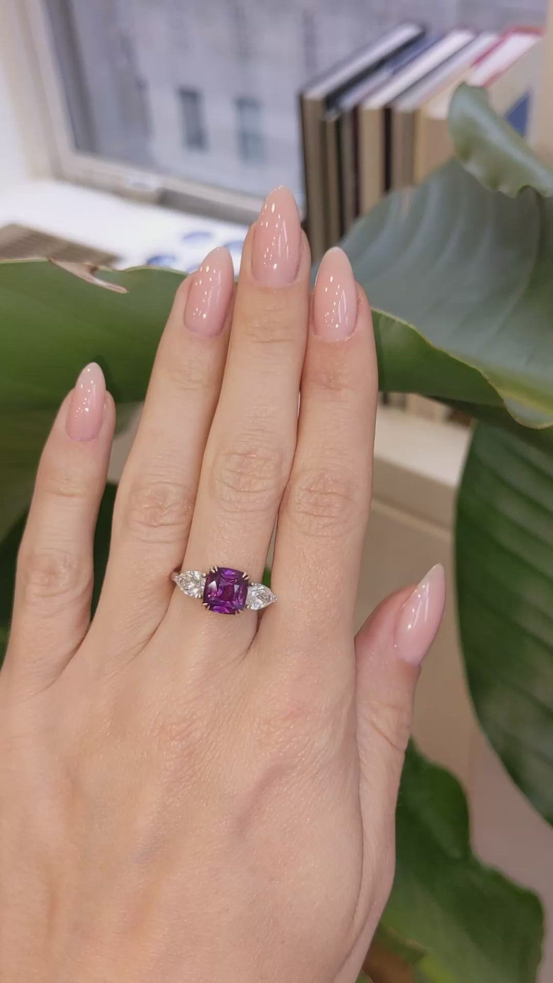 3.07 Ct. Reddish Pink Sapphire and Natural Diamond Three Stone Ring, 14K Yellow & White Size Video