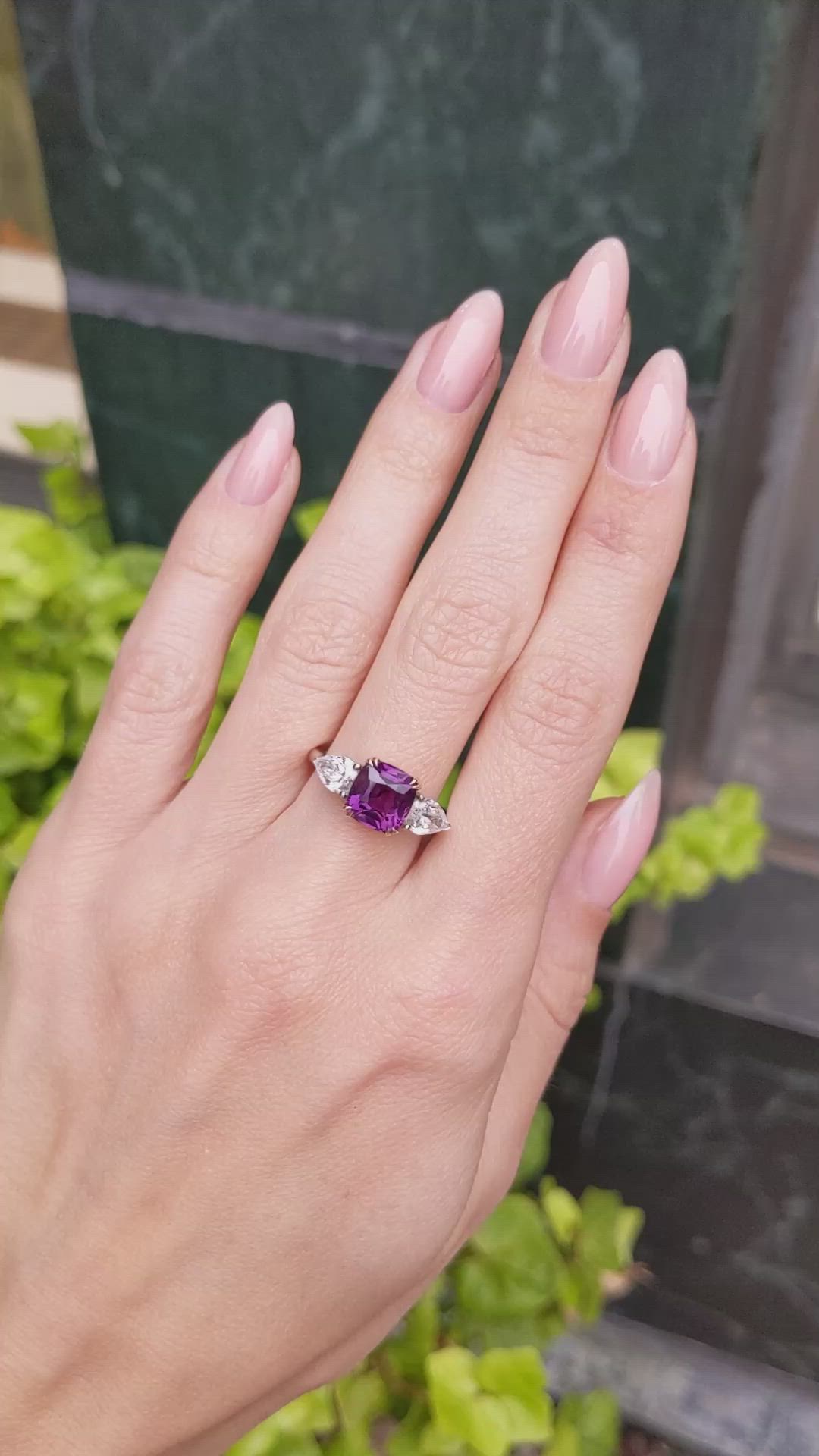 3.07 Ct. Reddish Pink Sapphire and Natural Diamond Three Stone Ring, 14K Yellow & White Size Video
