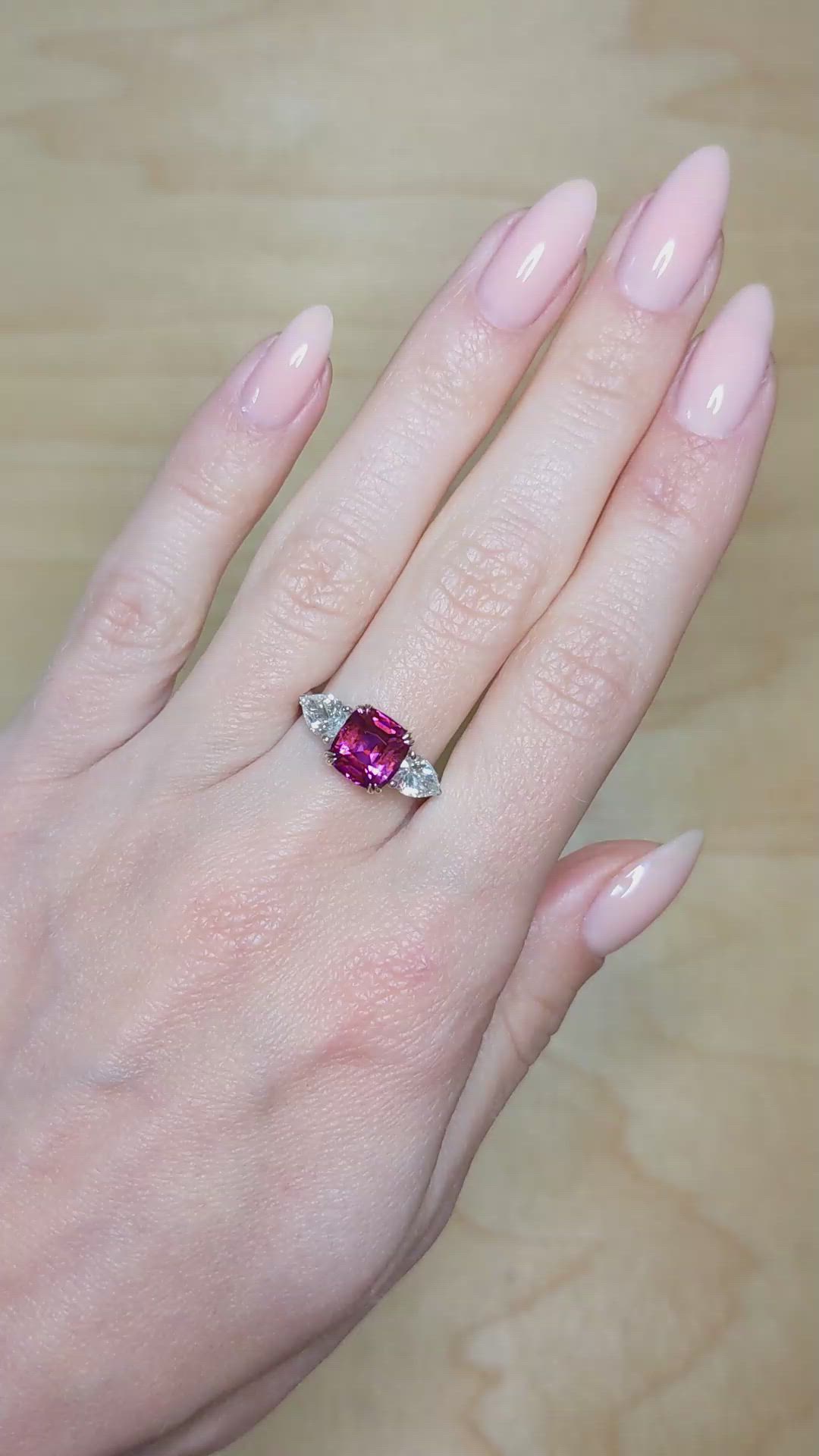 3.07 Ct. Reddish Pink Sapphire and Natural Diamond Three Stone Ring, 14K Yellow & White Size Video