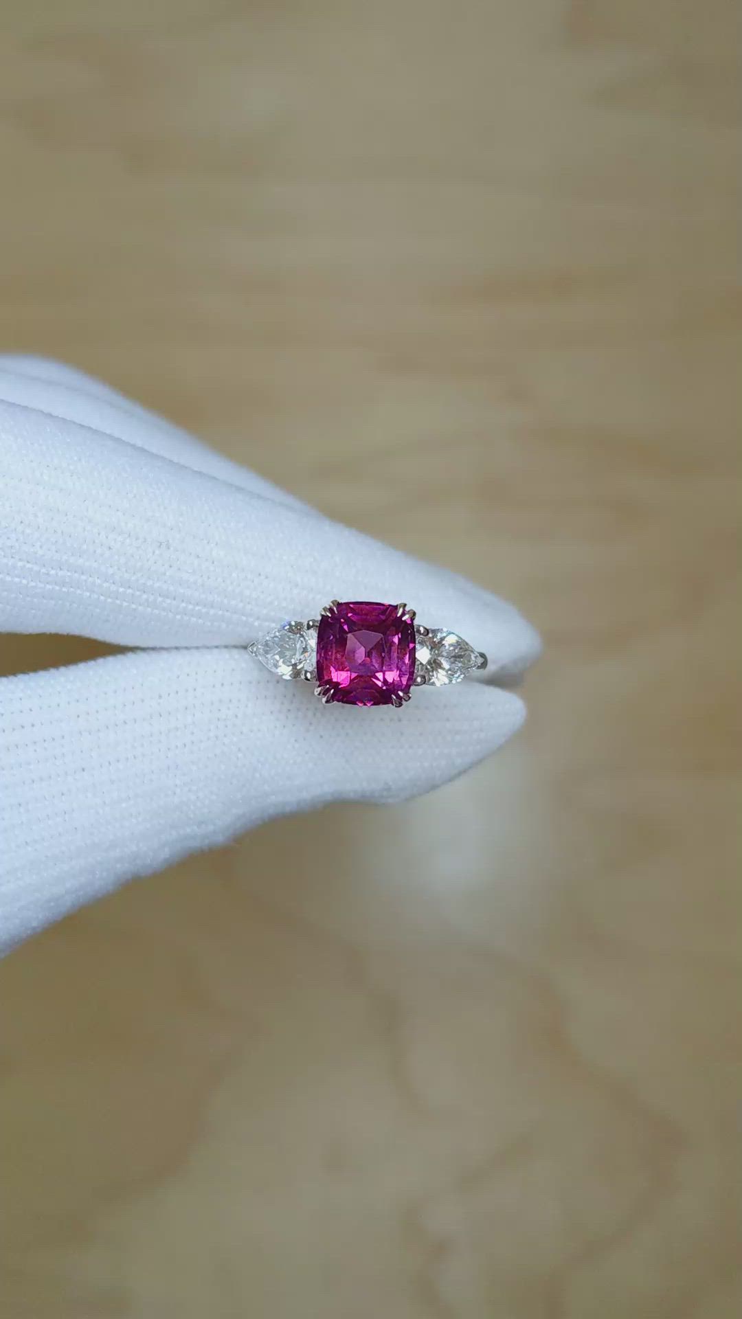 3.07 Ct. Reddish Pink Sapphire and Natural Diamond Three Stone Ring, 14K Yellow & White Size Video