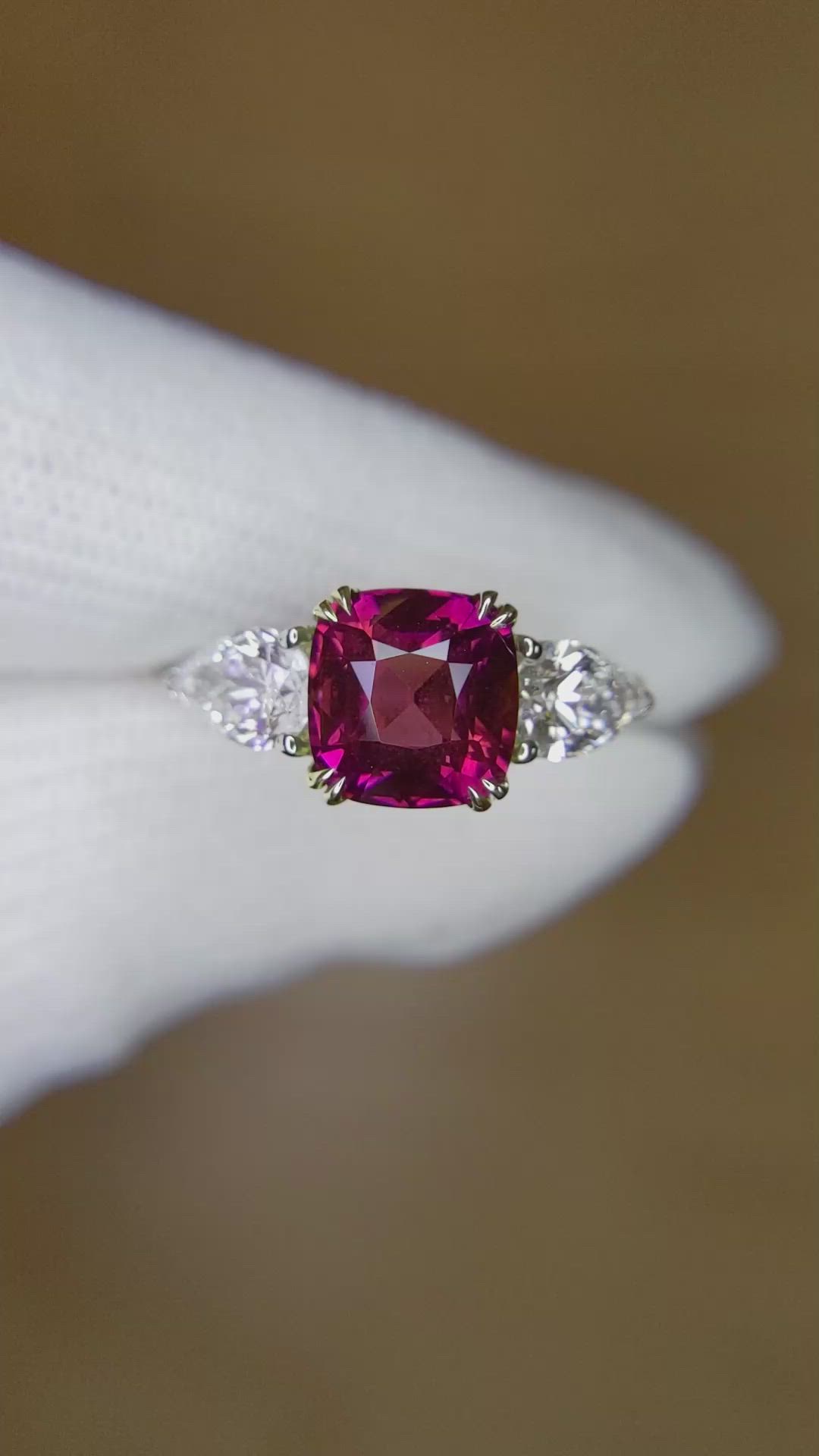 3.07 Ct. Reddish Pink Sapphire and Natural Diamond Three Stone Ring, 14K Yellow & White Size Video
