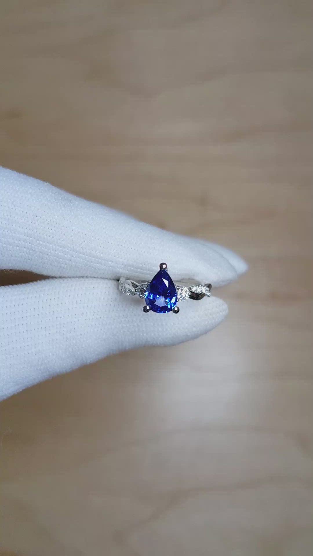 1.20 Ct. Blue Sapphire and Natural Diamond Pave Ring, Platinum 950 Size Video