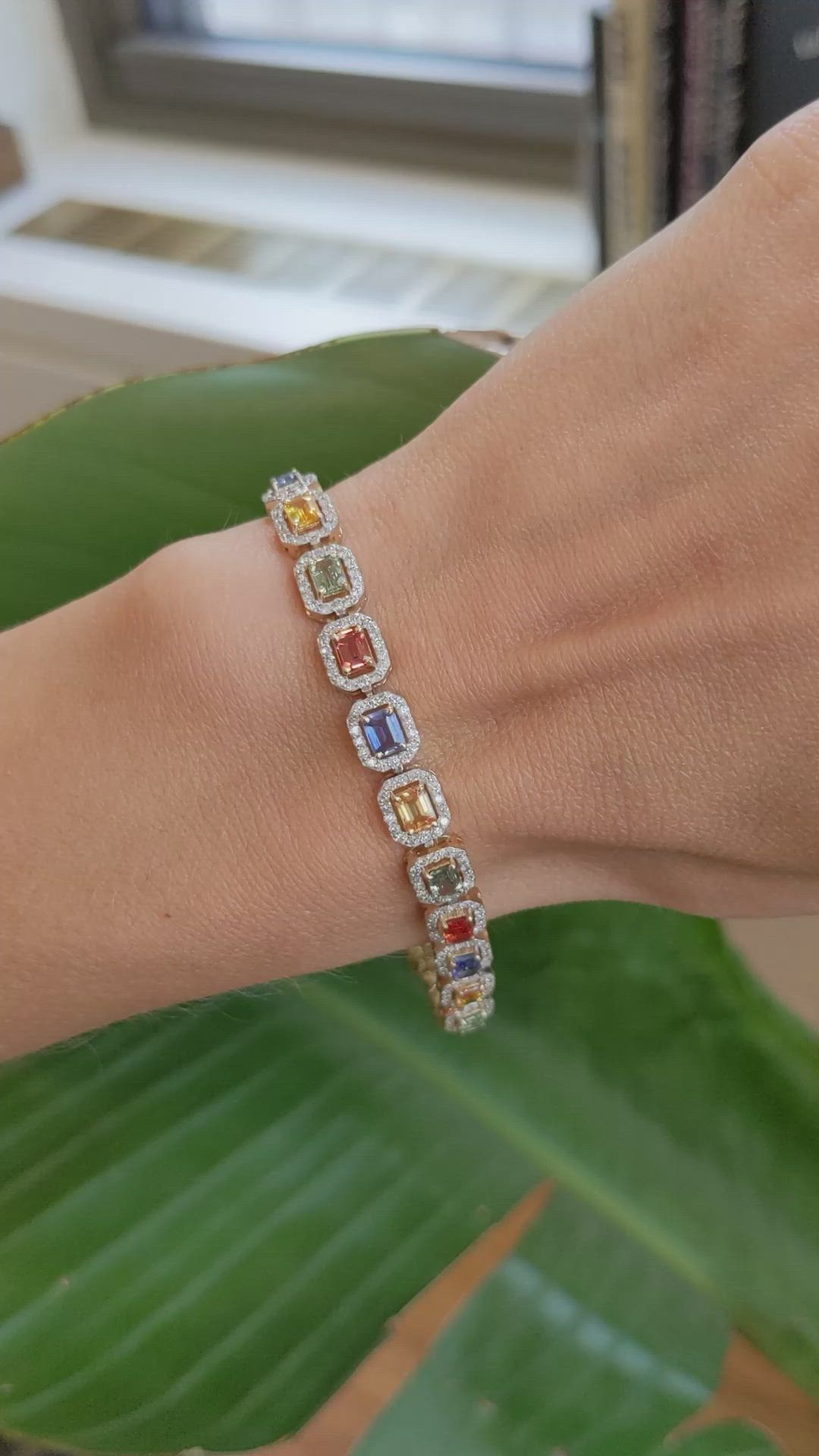 5.28 Ct.Tw. Multi Color Sapphire and Natural Diamond Pave Bracelet, 14K Yellow Gold Size Video