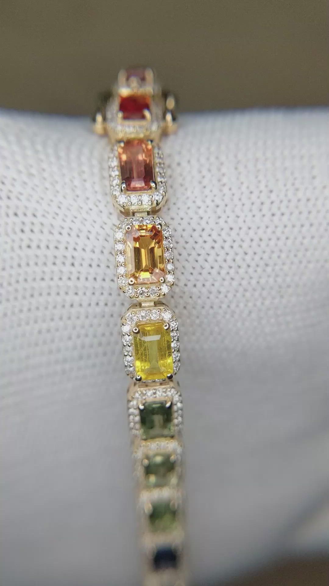 8.40 Ct.Tw.Total Carat Weight Multi Color Sapphire and Natural Diamond Pave Bracelet, 14K Yellow Gold Size Video