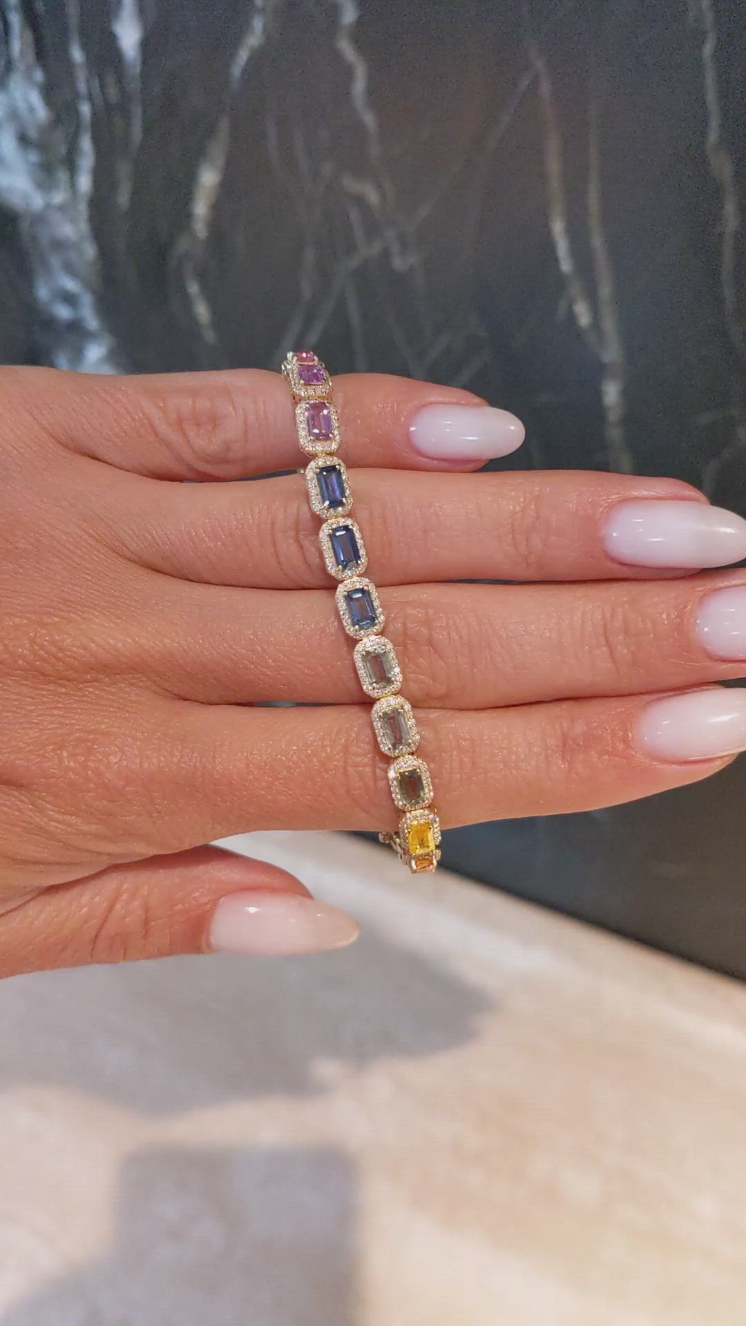 8.40 Ct.Tw.Total Carat Weight Multi Color Sapphire and Natural Diamond Pave Bracelet, 14K Yellow Gold Size Video
