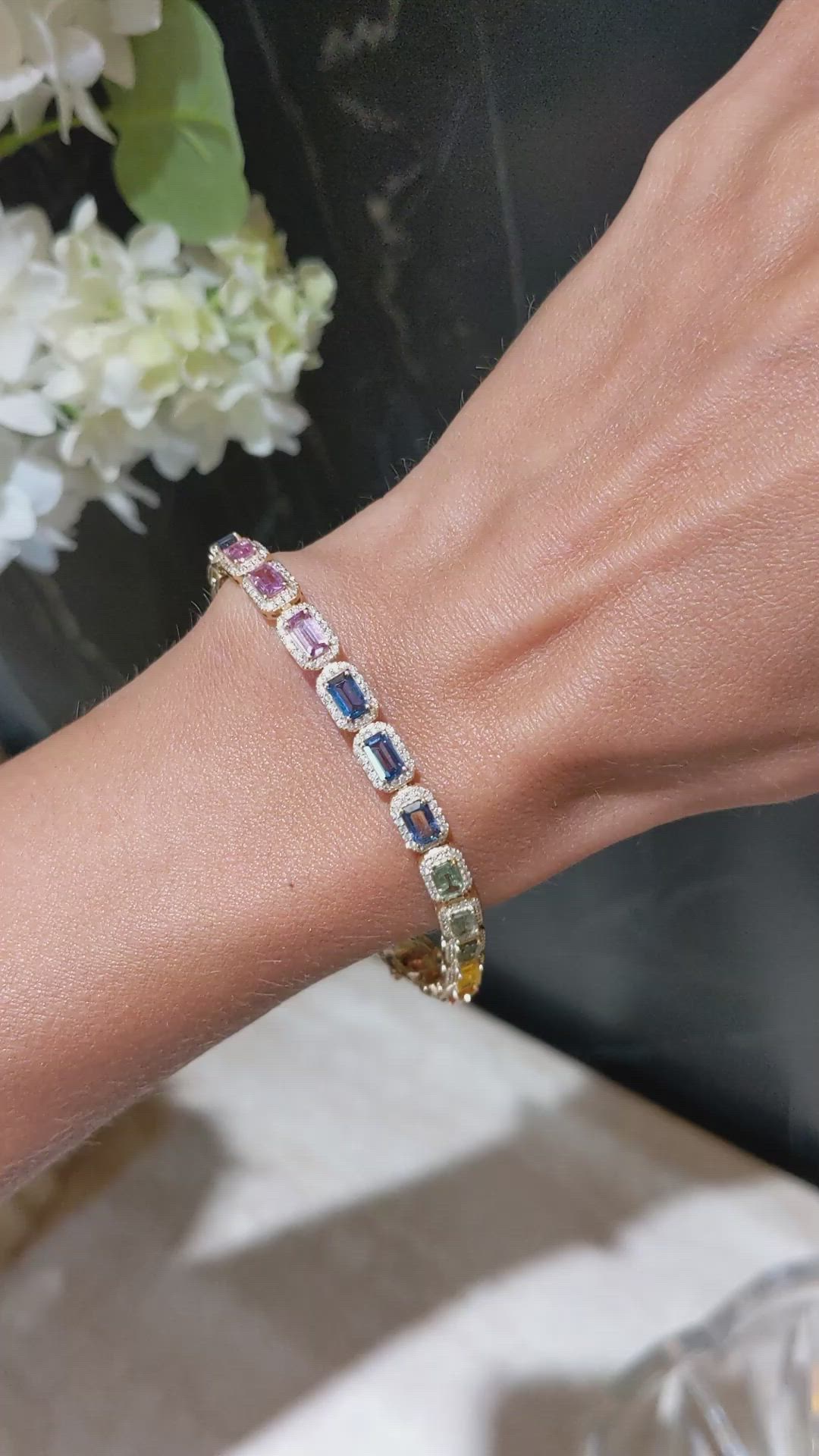8.40 Ct.Tw.Total Carat Weight Multi Color Sapphire and Natural Diamond Pave Bracelet, 14K Yellow Gold Size Video