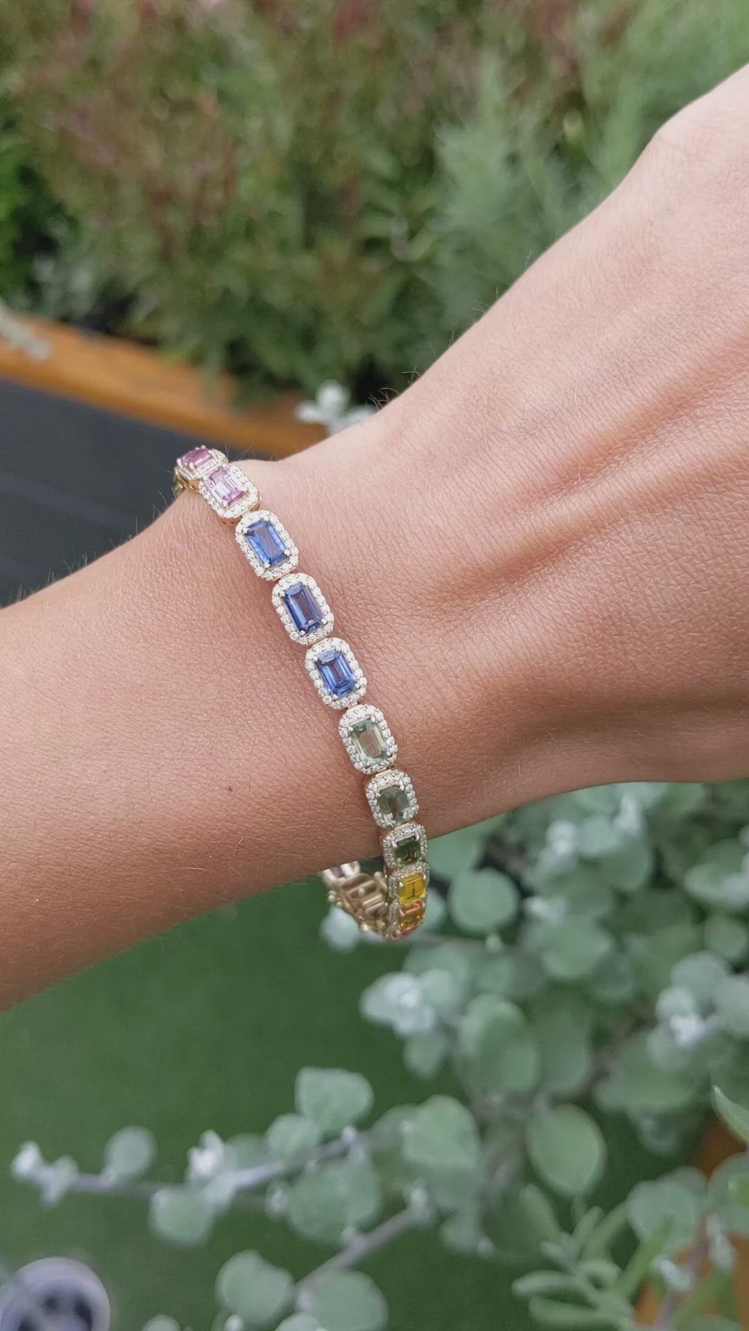 8.40 Ct.Tw.Total Carat Weight Multi Color Sapphire and Natural Diamond Pave Bracelet, 14K Yellow Gold Size Video