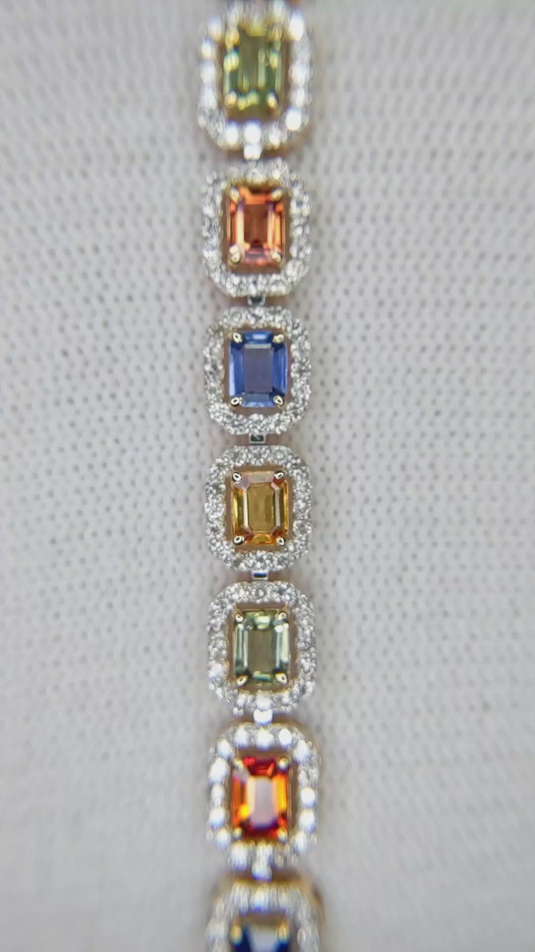 5.28 Ct.Tw. Multi Color Sapphire and Natural Diamond Pave Bracelet, 14K Yellow Gold Size Video