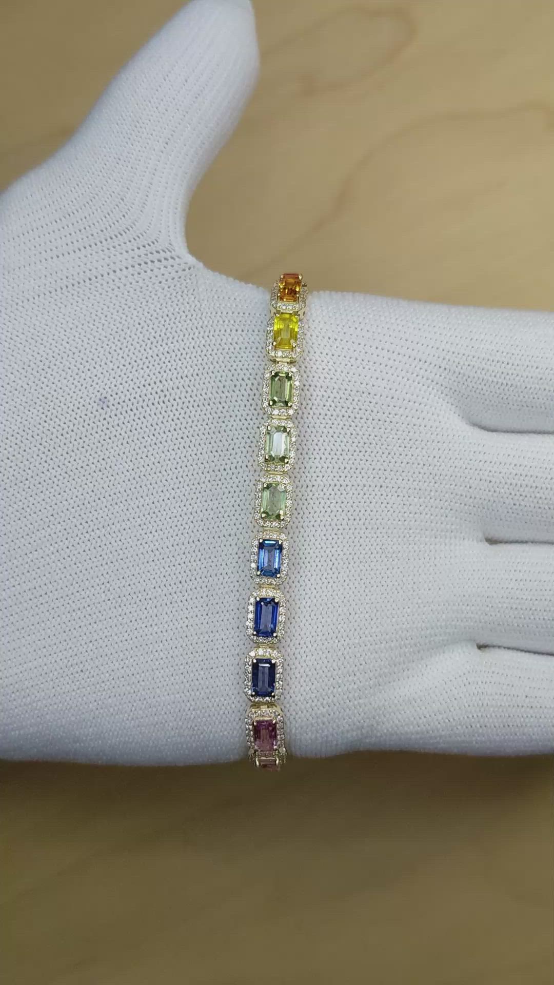 8.40 Ct.Tw.Total Carat Weight Multi Color Sapphire and Natural Diamond Pave Bracelet, 14K Yellow Gold Size Video
