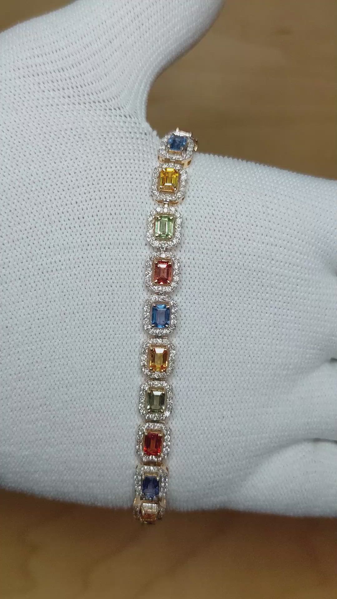 5.28 Ct.Tw. Multi Color Sapphire and Natural Diamond Pave Bracelet, 14K Yellow Gold Size Video