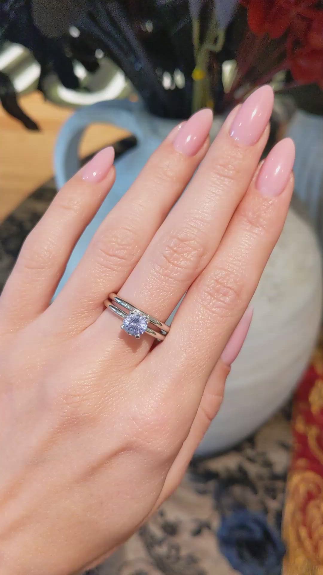 1.15 Ct. Pinkish Purple Sapphire Wedding Set Ring, Platinum 950 Size Video